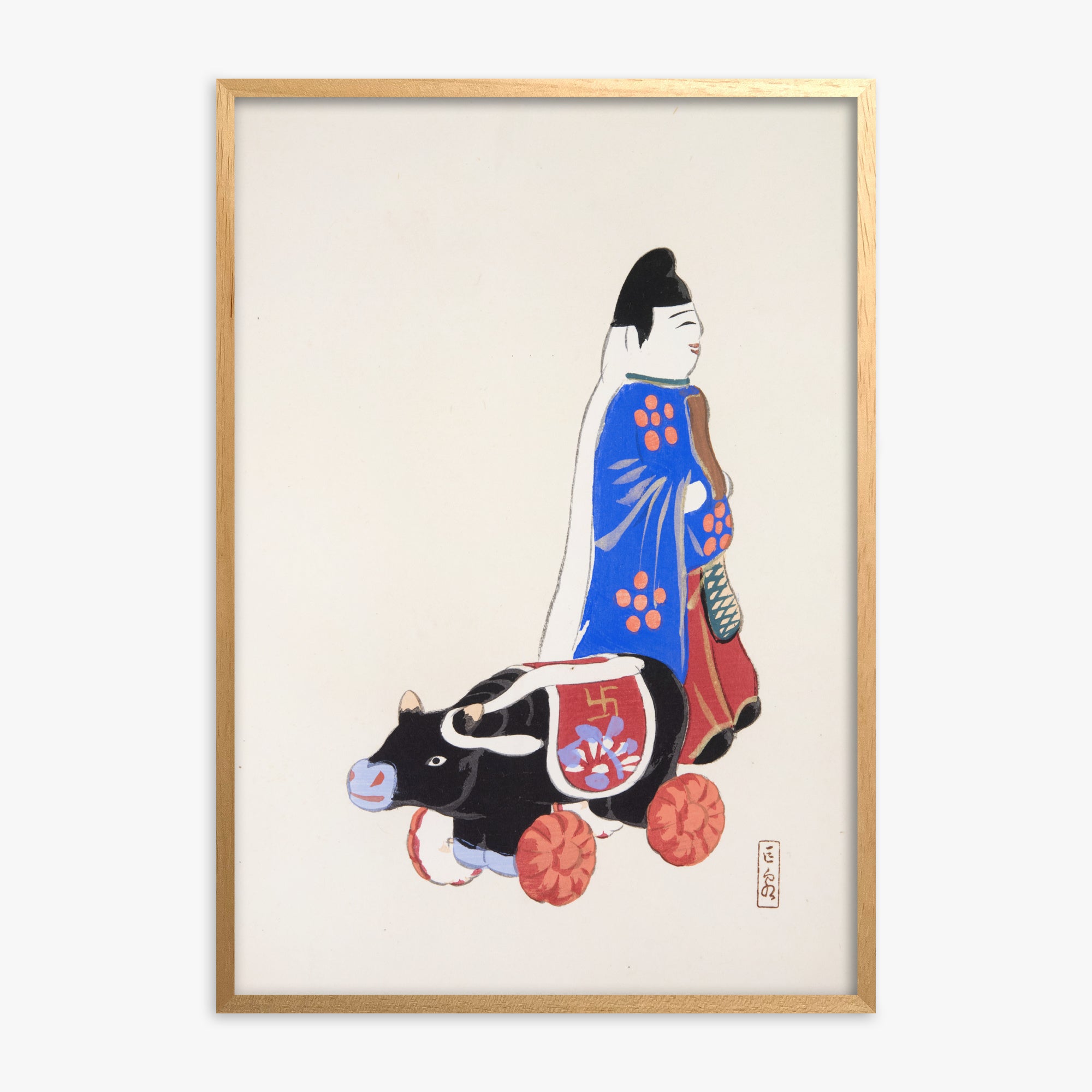 Kawasaki Kyosen: Kyosen’s Collected Illustrations of Japanese Toys Nr. 39 ("Ancient Companion: Japanese Pastoral Toy"), Oak Framed Art Reproduction With Oak Frame
