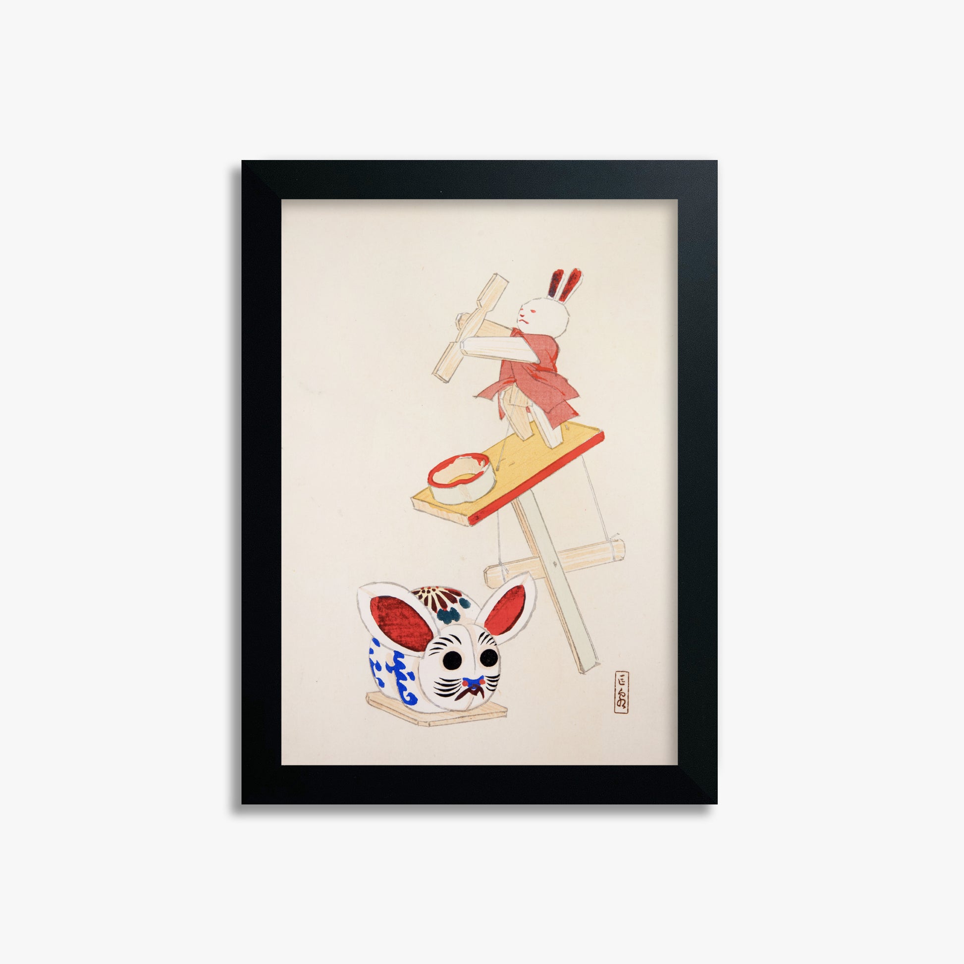 Kawasaki Kyosen: Kyosen’s Collected Illustrations of Japanese Toys Nr. 40 ("Dancing Rabbit Puppet"), 21x30cm Framed Art Reproduction With Black Frame