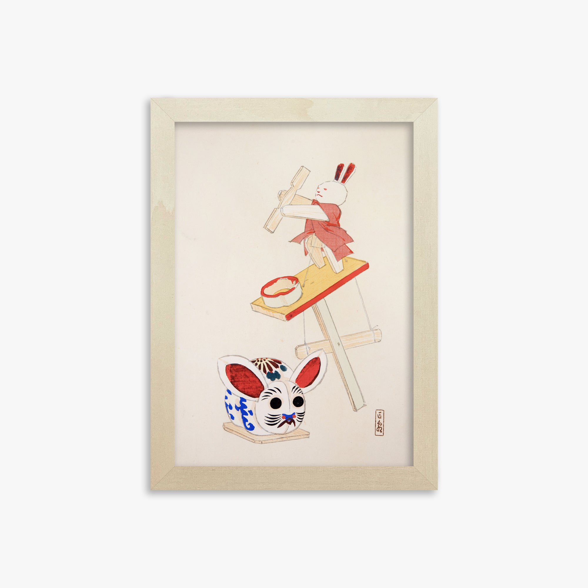 Kawasaki Kyosen: Kyosen’s Collected Illustrations of Japanese Toys Nr. 40 ("Dancing Rabbit Puppet"), 21x30cm Framed Art Reproduction With Lime Wood Frame
