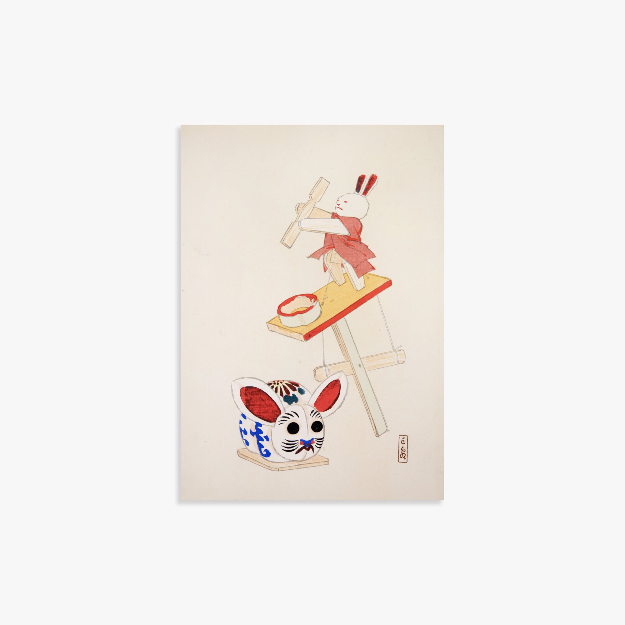 Kawasaki Kyosen: Kyosen’s Collected Illustrations of Japanese Toys Nr. 40 ("Dancing Rabbit Puppet"), 21x30cm Art Reproduction Unframed