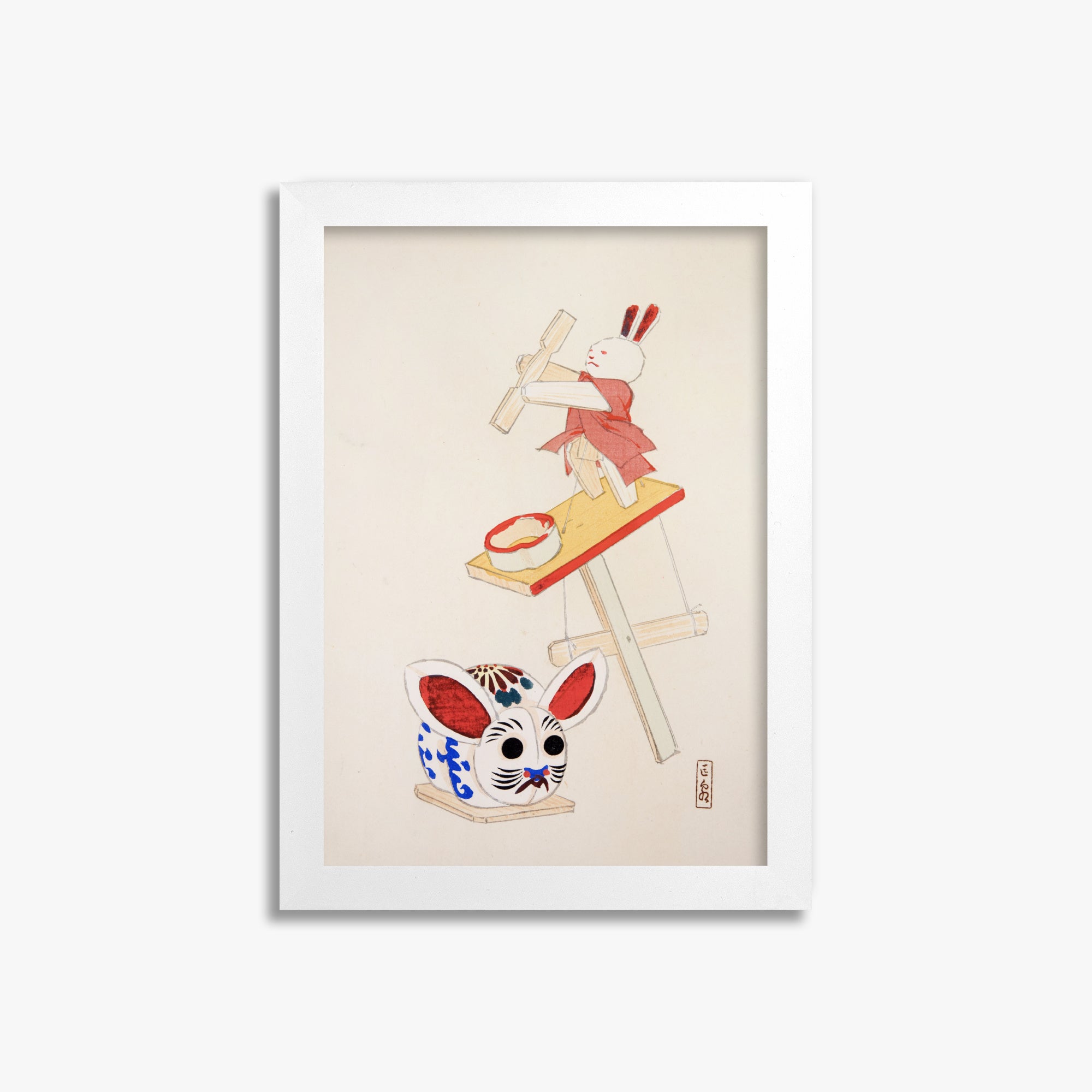 Kawasaki Kyosen: Kyosen’s Collected Illustrations of Japanese Toys Nr. 40 ("Dancing Rabbit Puppet"), 21x30cm Framed Art Reproduction With White Frame