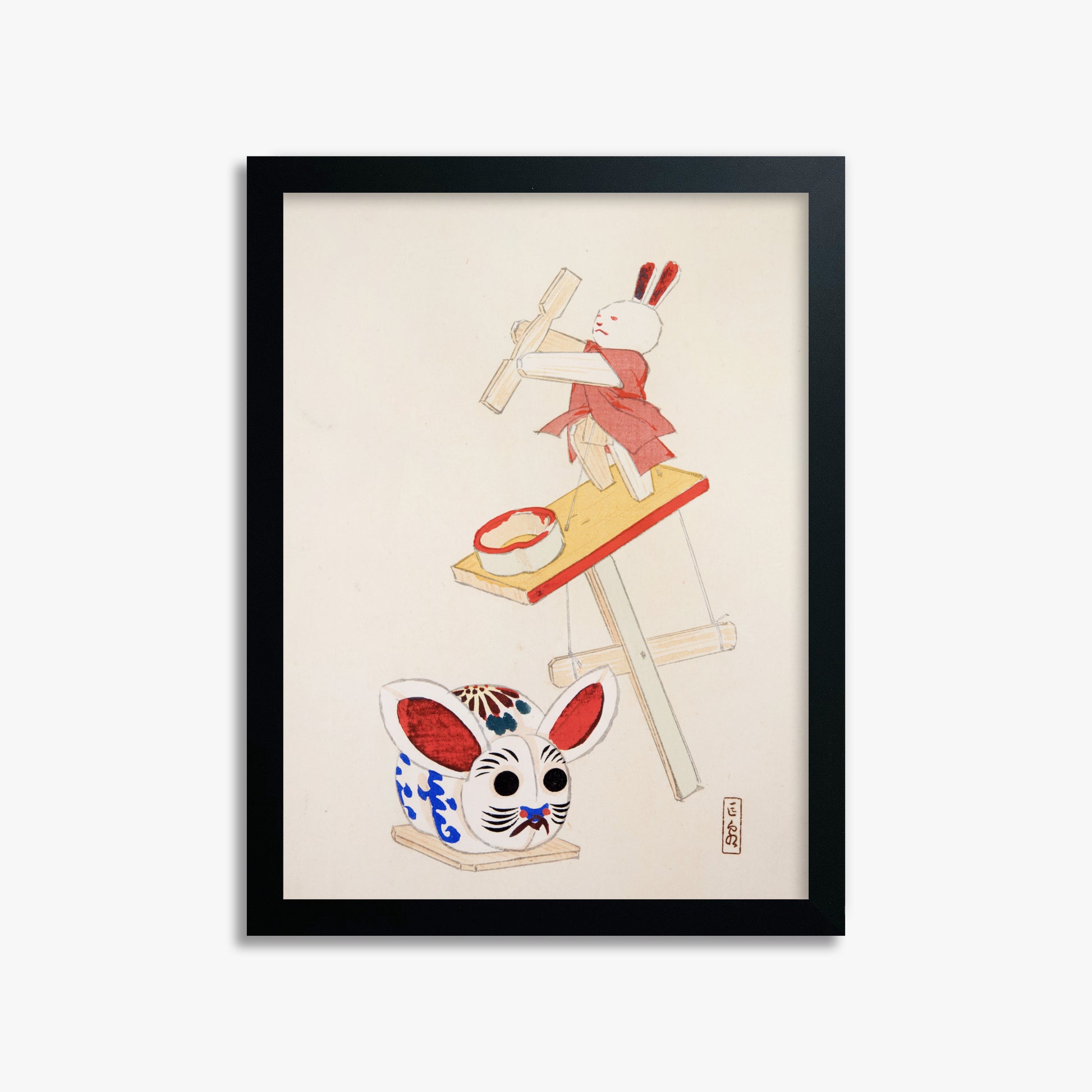 Kawasaki Kyosen: Kyosen’s Collected Illustrations of Japanese Toys Nr. 40 ("Dancing Rabbit Puppet"), 30x40cm Framed Art Reproduction With Black Frame