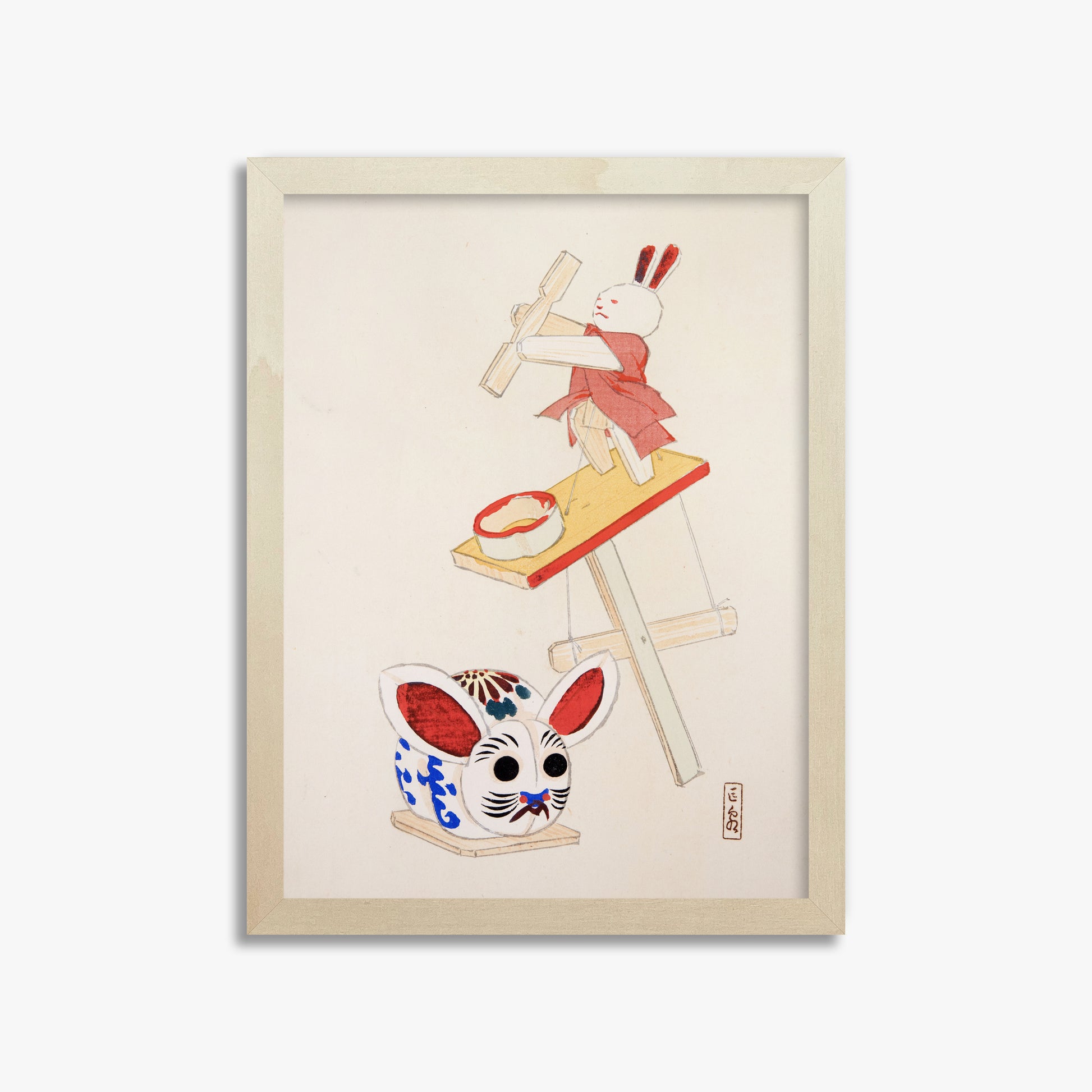 Kawasaki Kyosen: Kyosen’s Collected Illustrations of Japanese Toys Nr. 40 ("Dancing Rabbit Puppet"), 30x40cm Framed Art Reproduction With Lime Wood Frame