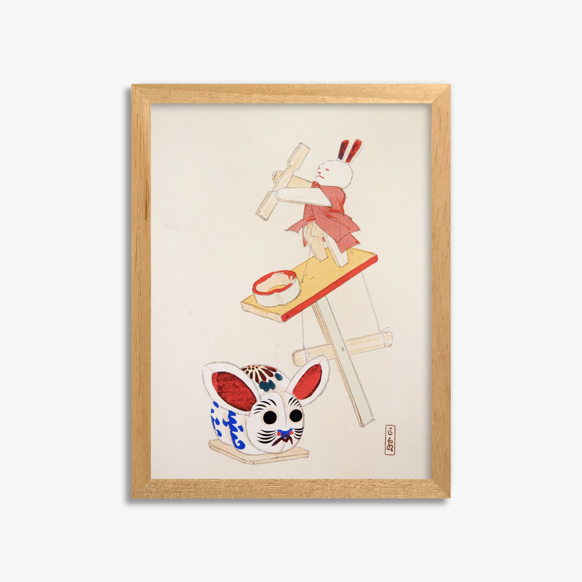 Kawasaki Kyosen: Kyosen’s Collected Illustrations of Japanese Toys Nr. 40 ("Dancing Rabbit Puppet"), 30x40cm Framed Art Reproduction With Oak Frame