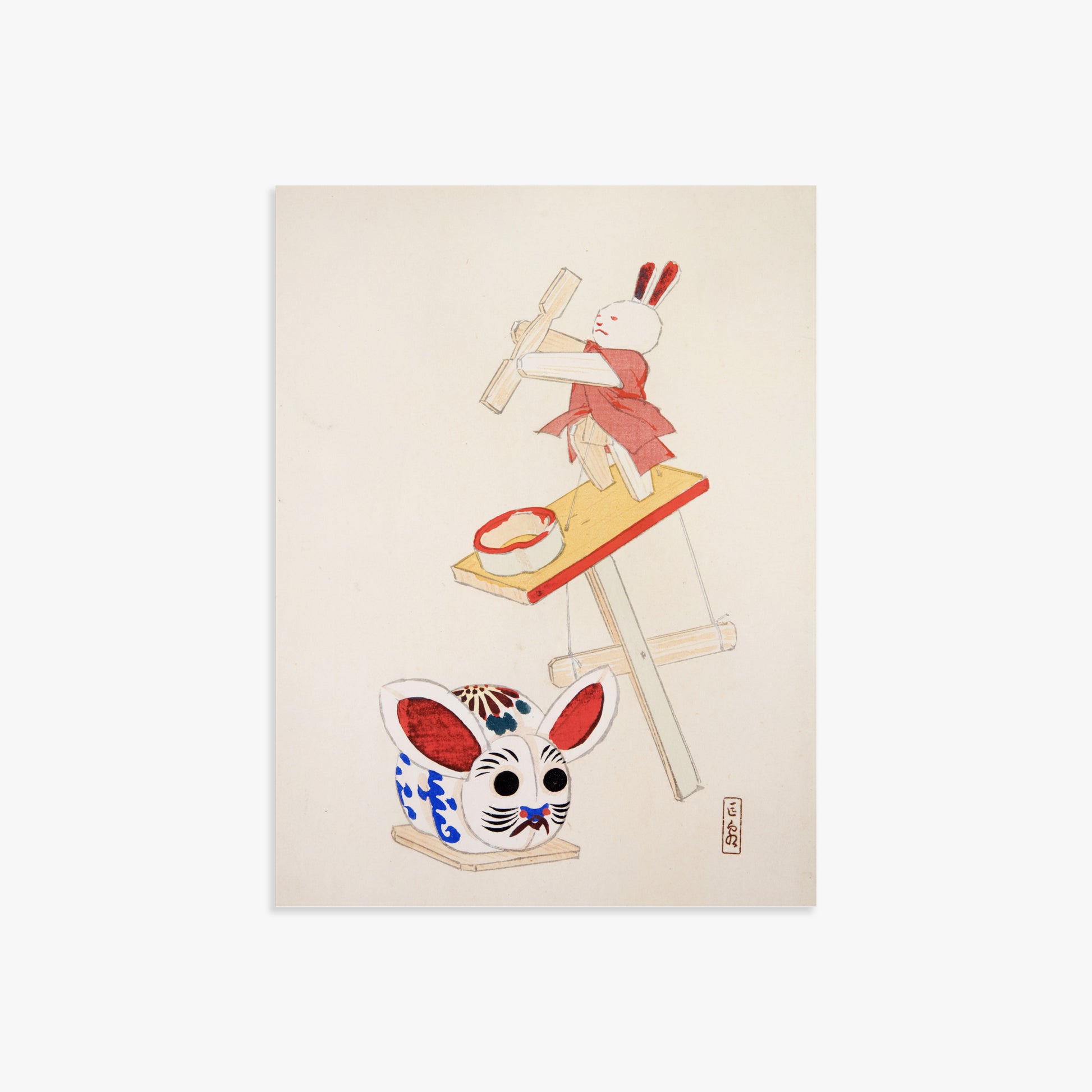 Kawasaki Kyosen: Kyosen’s Collected Illustrations of Japanese Toys Nr. 40 ("Dancing Rabbit Puppet"), 30x40cm Art Reproduction Unframed