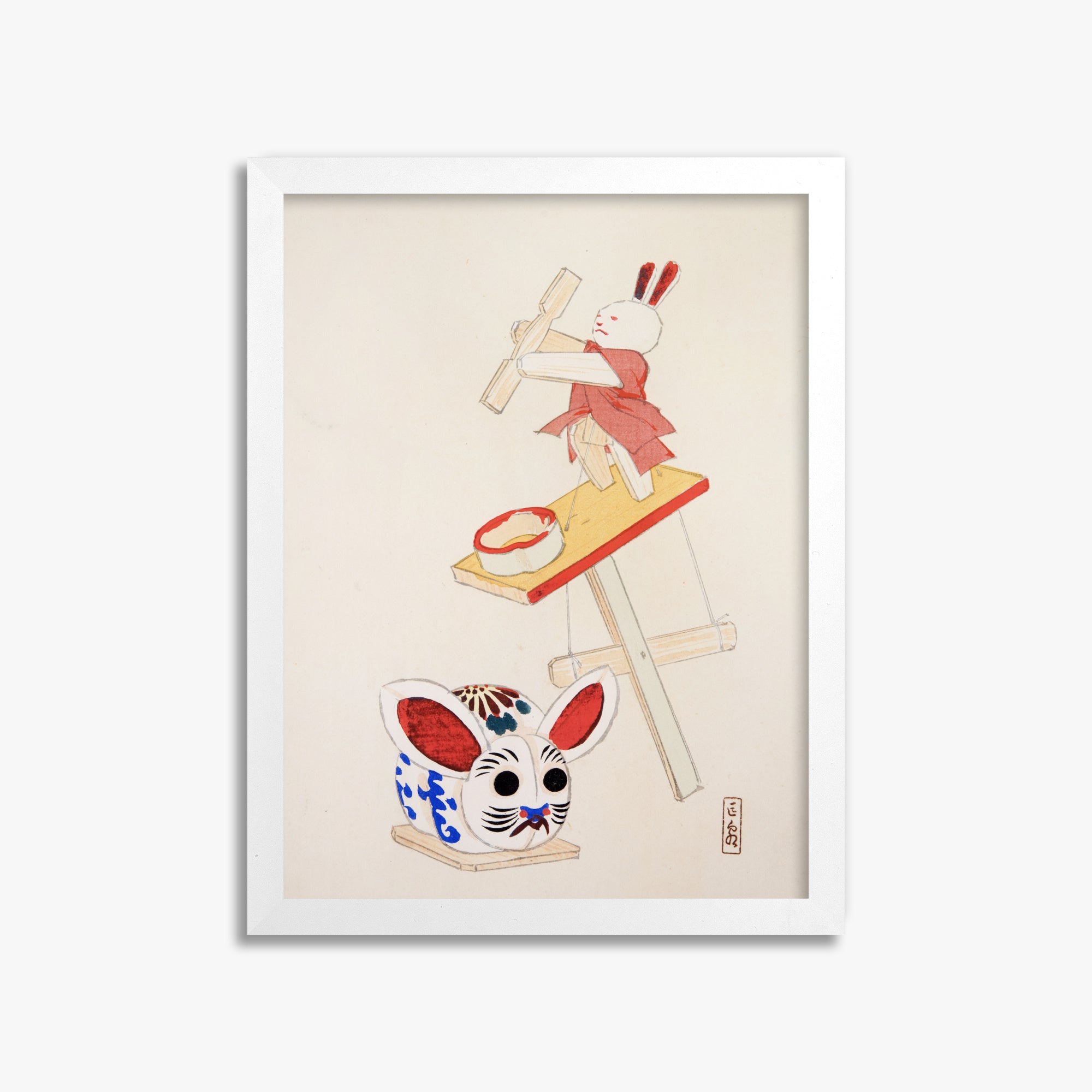 Kawasaki Kyosen: Kyosen’s Collected Illustrations of Japanese Toys Nr. 40 ("Dancing Rabbit Puppet"), 30x40cm Framed Art Reproduction With White Frame