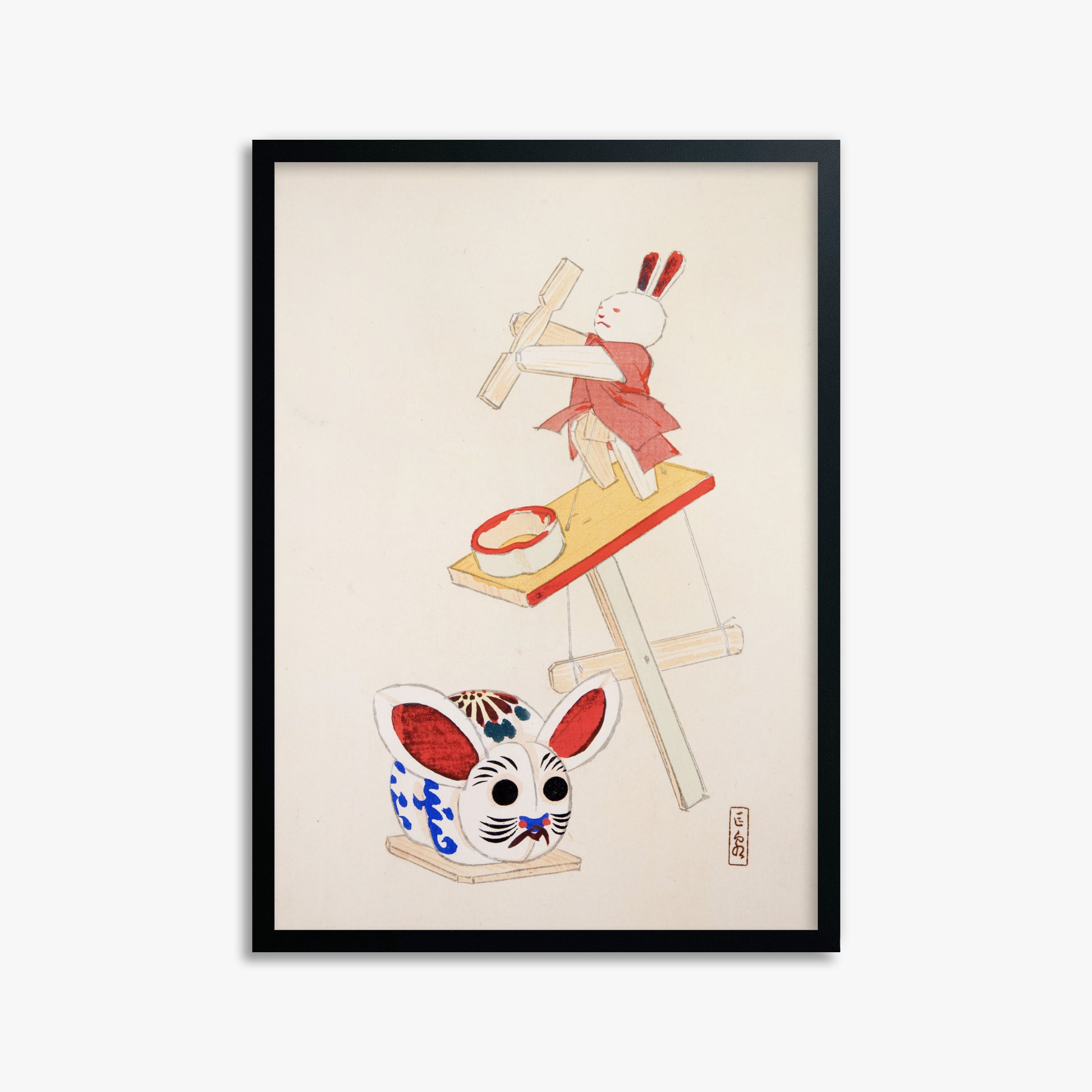 Kawasaki Kyosen: Kyosen’s Collected Illustrations of Japanese Toys Nr. 40 ("Dancing Rabbit Puppet"), 50x70cm Framed Art Reproduction With Black Frame
