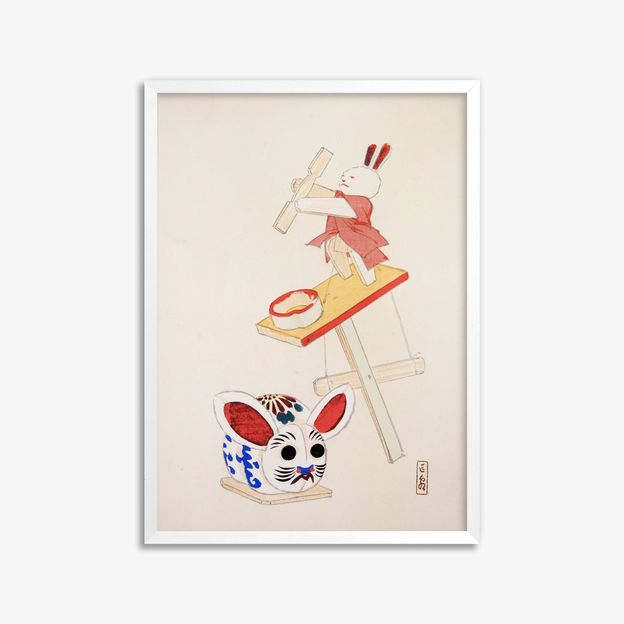 Kawasaki Kyosen: Kyosen’s Collected Illustrations of Japanese Toys Nr. 40 ("Dancing Rabbit Puppet"), 50x70cm Framed Art Reproduction With White Frame
