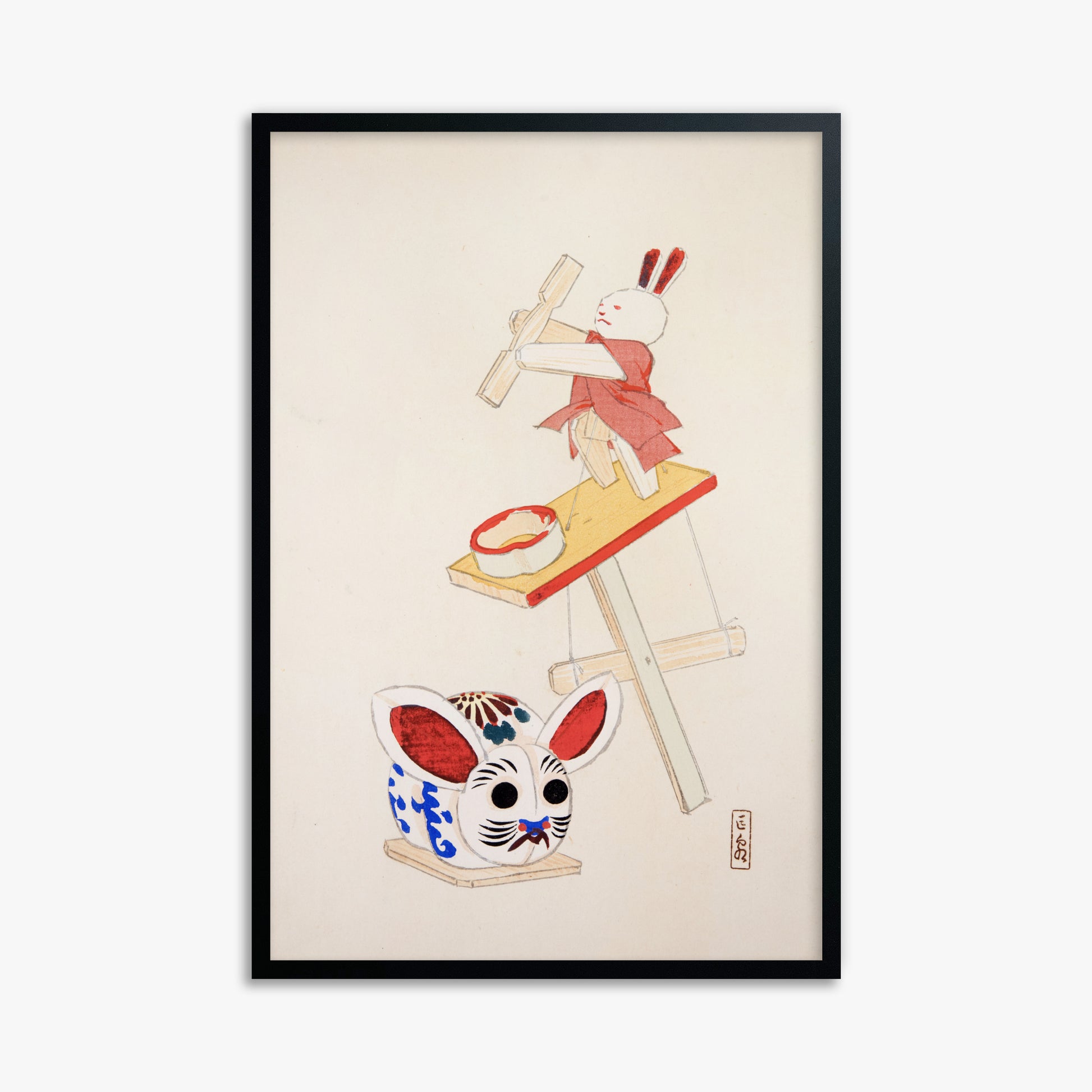Kawasaki Kyosen: Kyosen’s Collected Illustrations of Japanese Toys Nr. 40 ("Dancing Rabbit Puppet"), 61x91cm Framed Art Reproduction With Black Frame