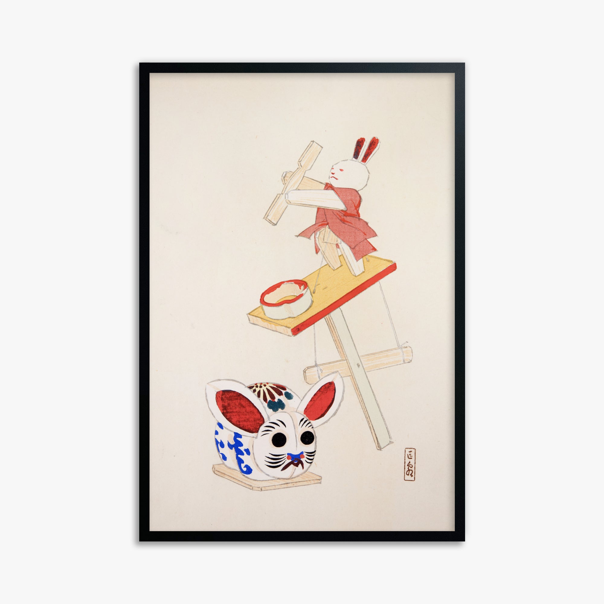 Kawasaki Kyosen: Kyosen’s Collected Illustrations of Japanese Toys Nr. 40 ("Dancing Rabbit Puppet"), 61x91cm Framed Art Reproduction With Black Frame