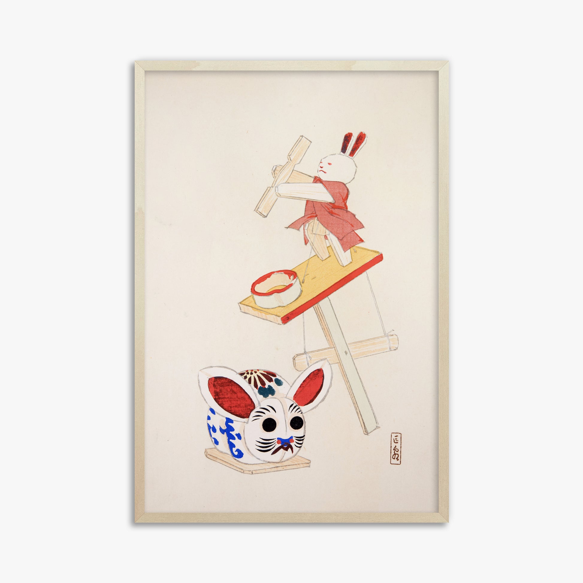 Kawasaki Kyosen: Kyosen’s Collected Illustrations of Japanese Toys Nr. 40 ("Dancing Rabbit Puppet"), 61x91cm Framed Art Reproduction With Lime Wood Frame