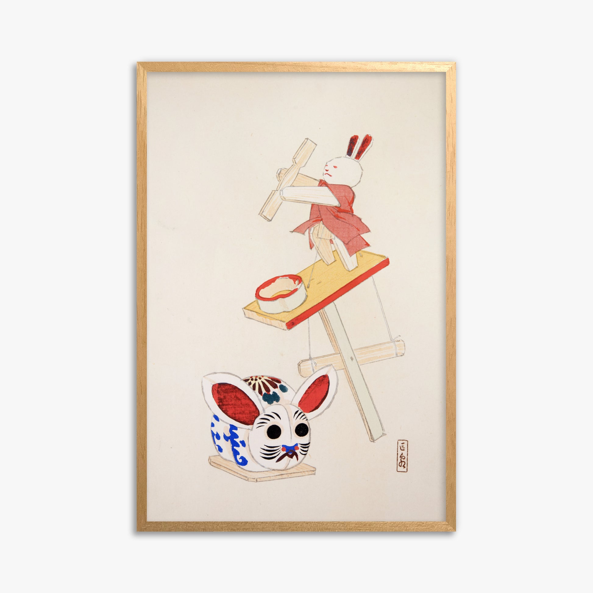 Kawasaki Kyosen: Kyosen’s Collected Illustrations of Japanese Toys Nr. 40 ("Dancing Rabbit Puppet"), 61x91cm Framed Art Reproduction With Oak Frame