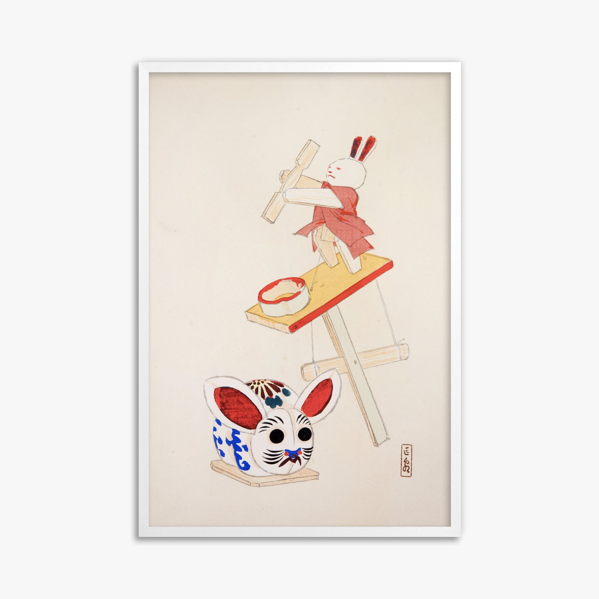 Kawasaki Kyosen: Kyosen’s Collected Illustrations of Japanese Toys Nr. 40 ("Dancing Rabbit Puppet"), 61x91cm Framed Art Reproduction With White Frame