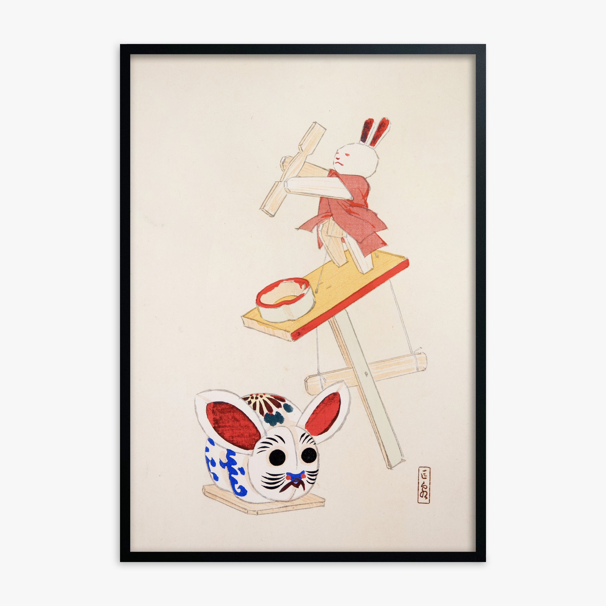 Kawasaki Kyosen: Kyosen’s Collected Illustrations of Japanese Toys Nr. 40 ("Dancing Rabbit Puppet"), Black Framed Art Reproduction With Black Frame