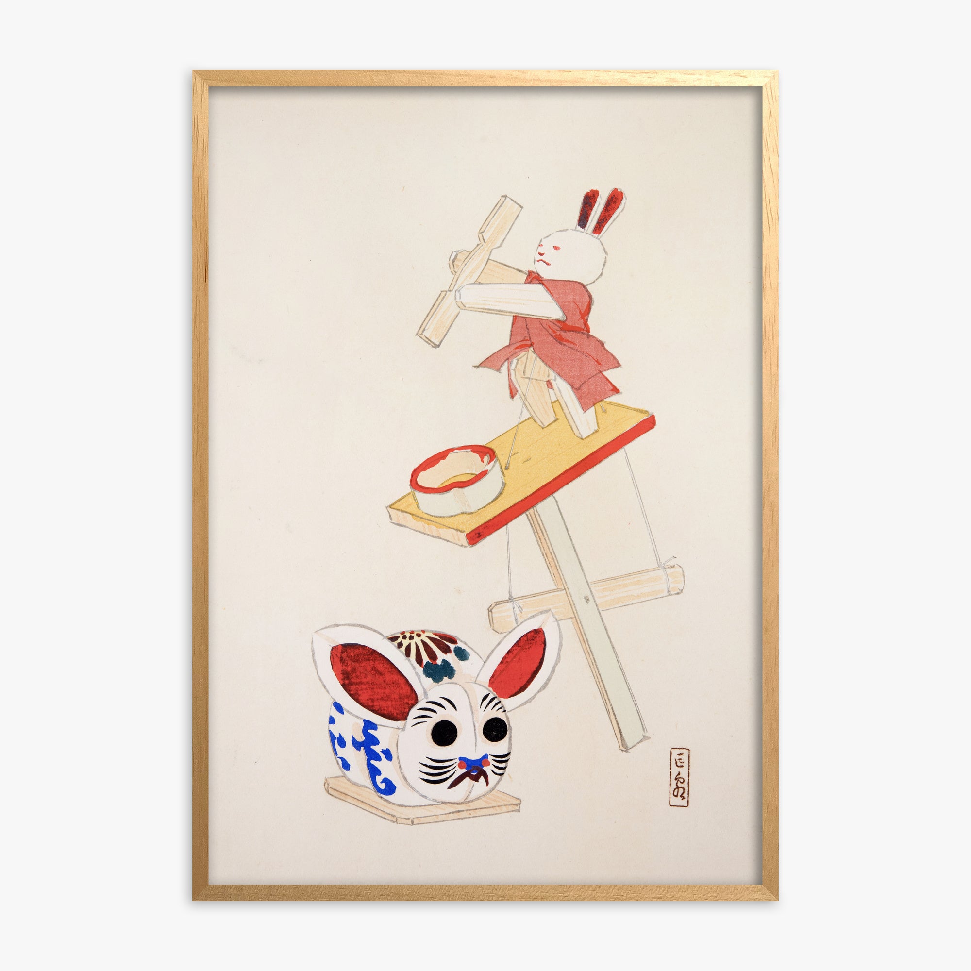 Kawasaki Kyosen: Kyosen’s Collected Illustrations of Japanese Toys Nr. 40 ("Dancing Rabbit Puppet"), Oak Framed Art Reproduction With Oak Frame