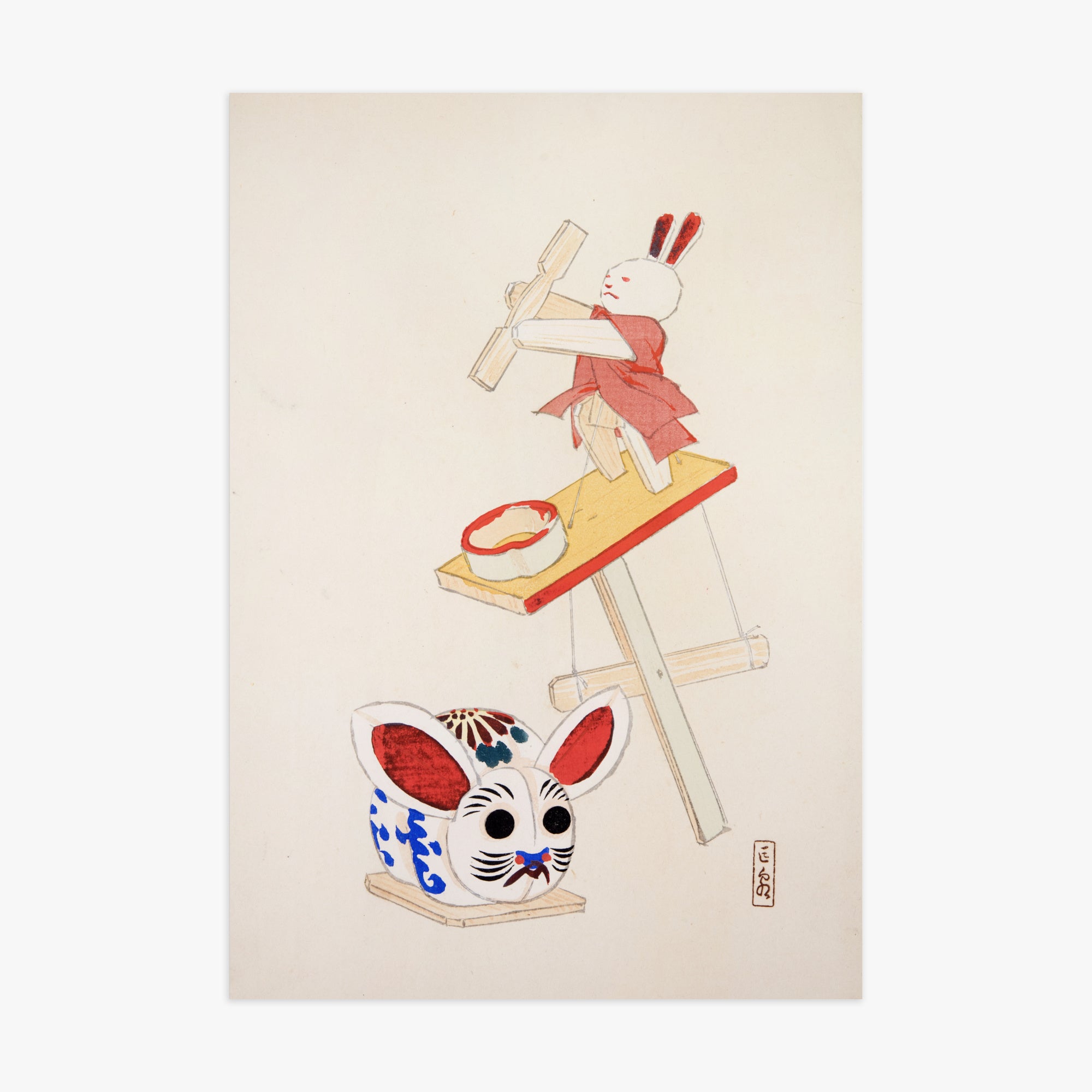 Kawasaki Kyosen: Kyosen’s Collected Illustrations of Japanese Toys Nr. 40 ("Dancing Rabbit Puppet"), 70x100cm Art Reproduction Unframed