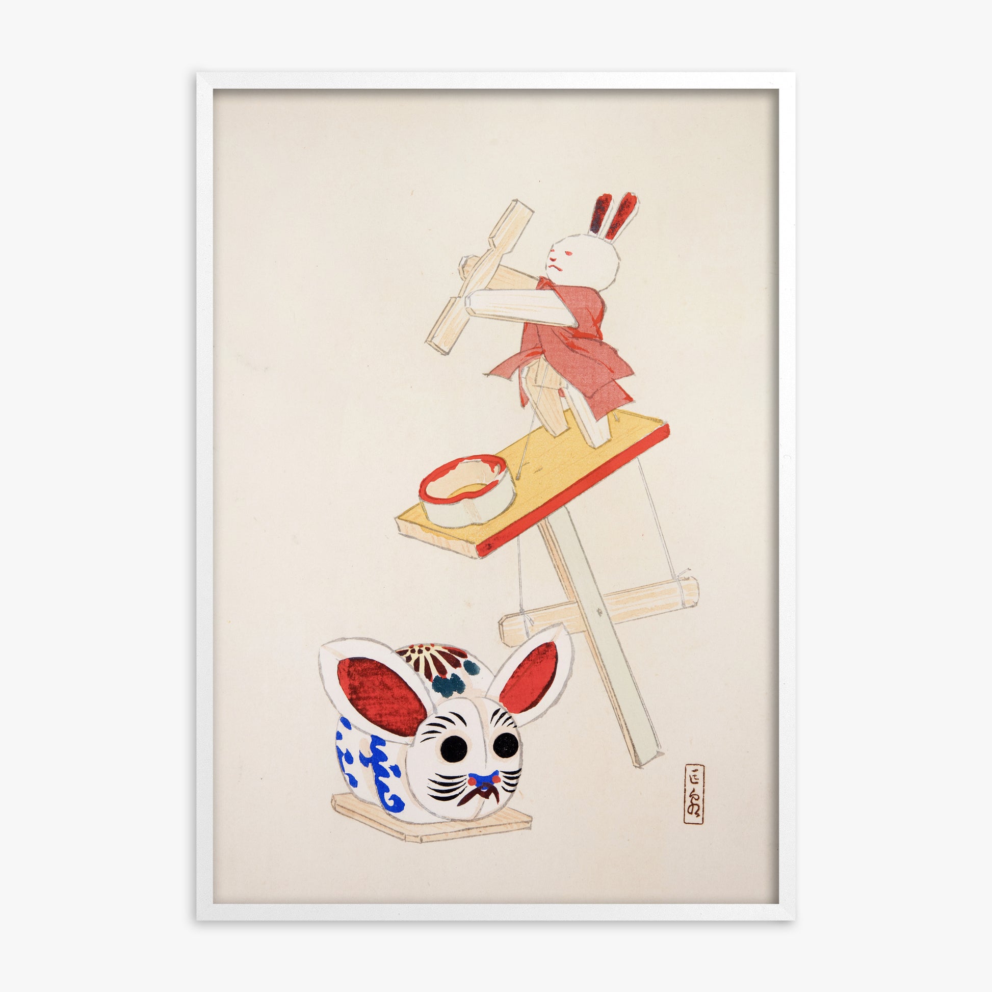 Kawasaki Kyosen: Kyosen’s Collected Illustrations of Japanese Toys Nr. 40 ("Dancing Rabbit Puppet"), White Framed Art Reproduction With White Frame