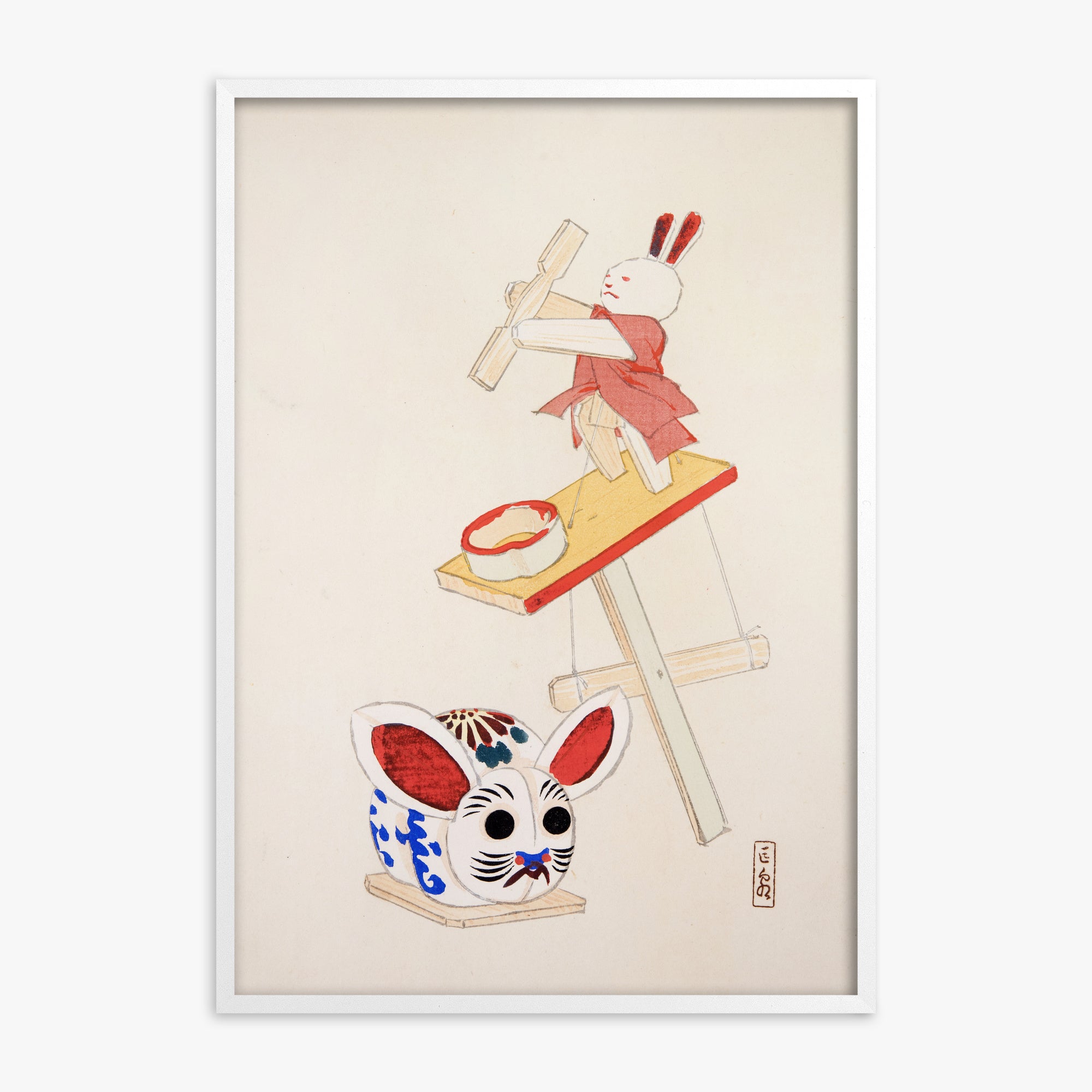 Kawasaki Kyosen: Kyosen’s Collected Illustrations of Japanese Toys Nr. 40 ("Dancing Rabbit Puppet"), White Framed Art Reproduction With White Frame