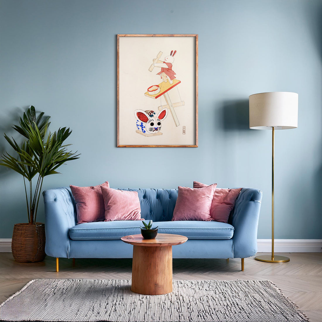 Kawasaki Kyosen: Kyosen’s Collected Illustrations of Japanese Toys Nr. 40 ("Dancing Rabbit Puppet"), 50x70cm Framed Art Reproduction With Black Frame