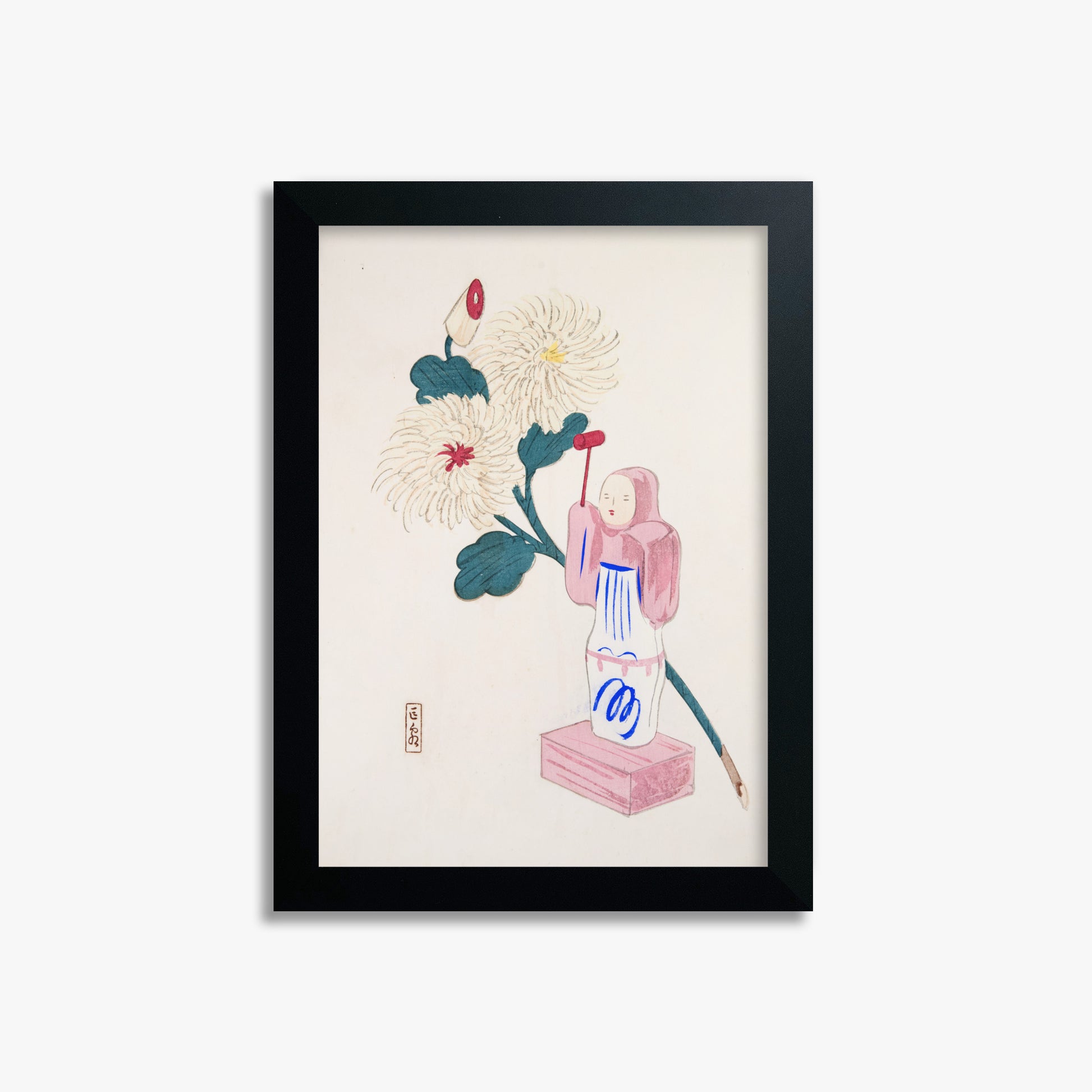 Kawasaki Kyosen: Kyosen’s Collected Illustrations of Japanese Toys Nr. 41 ("Serene Chrysanthemum Bloom"), 21x30cm Framed Art Reproduction With Black Frame