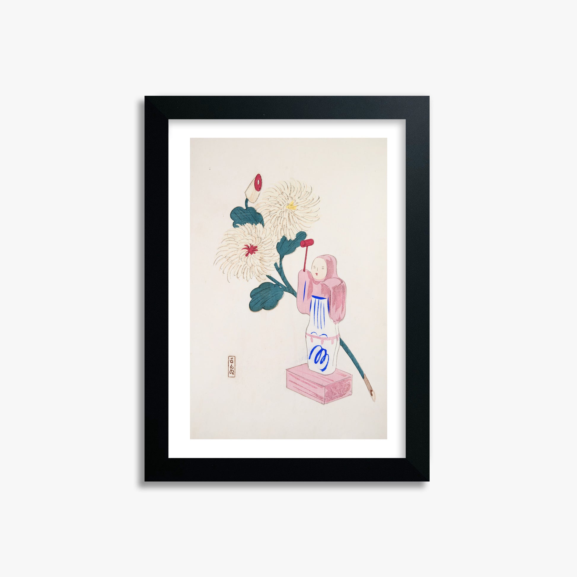 Kawasaki Kyosen: Kyosen’s Collected Illustrations of Japanese Toys Nr. 41 ("Serene Chrysanthemum Bloom"), 21x30cm Framed Art Reproduction With Black Frame