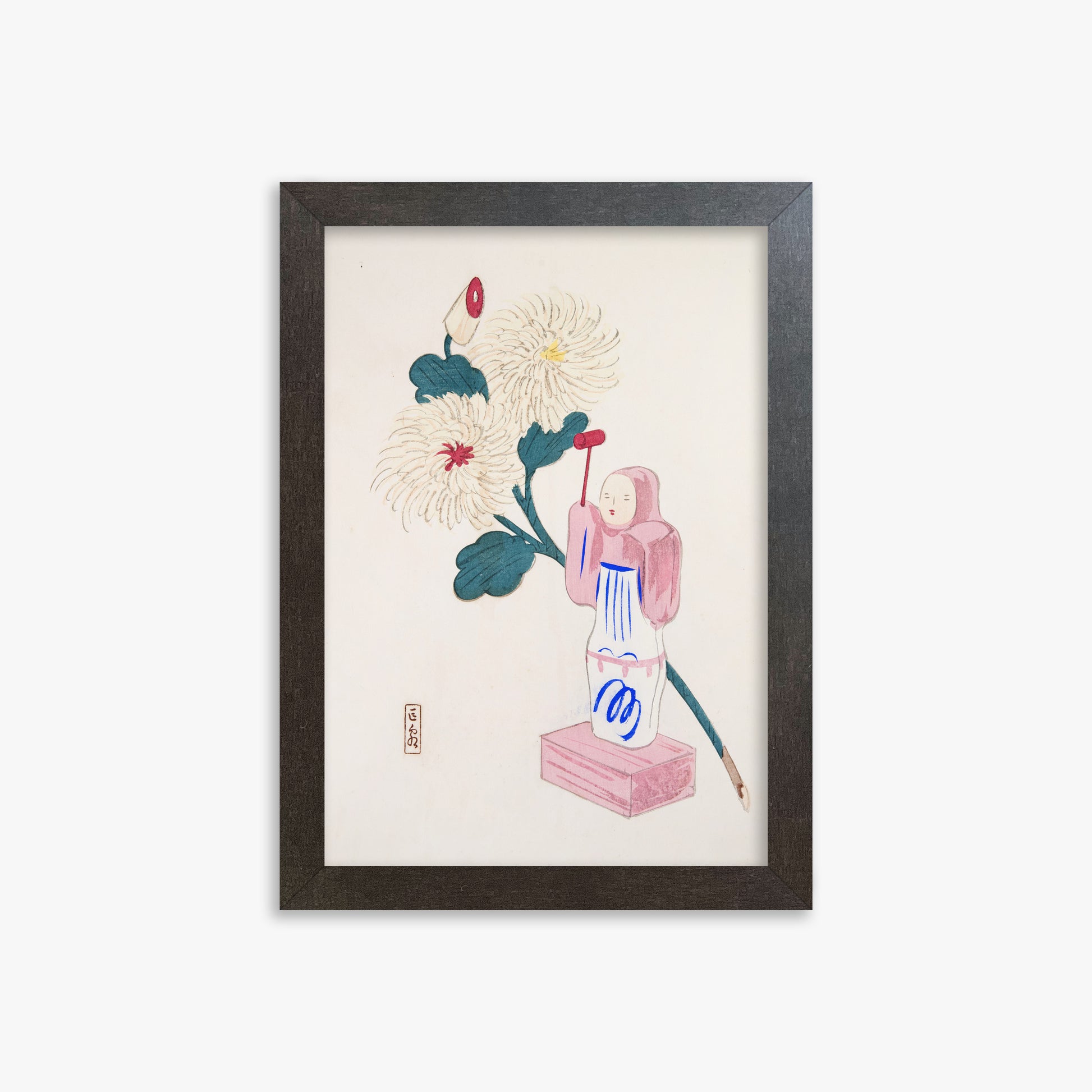 Kawasaki Kyosen: Kyosen’s Collected Illustrations of Japanese Toys Nr. 41 ("Serene Chrysanthemum Bloom"), 21x30cm Framed Art Reproduction With Espresso Frame