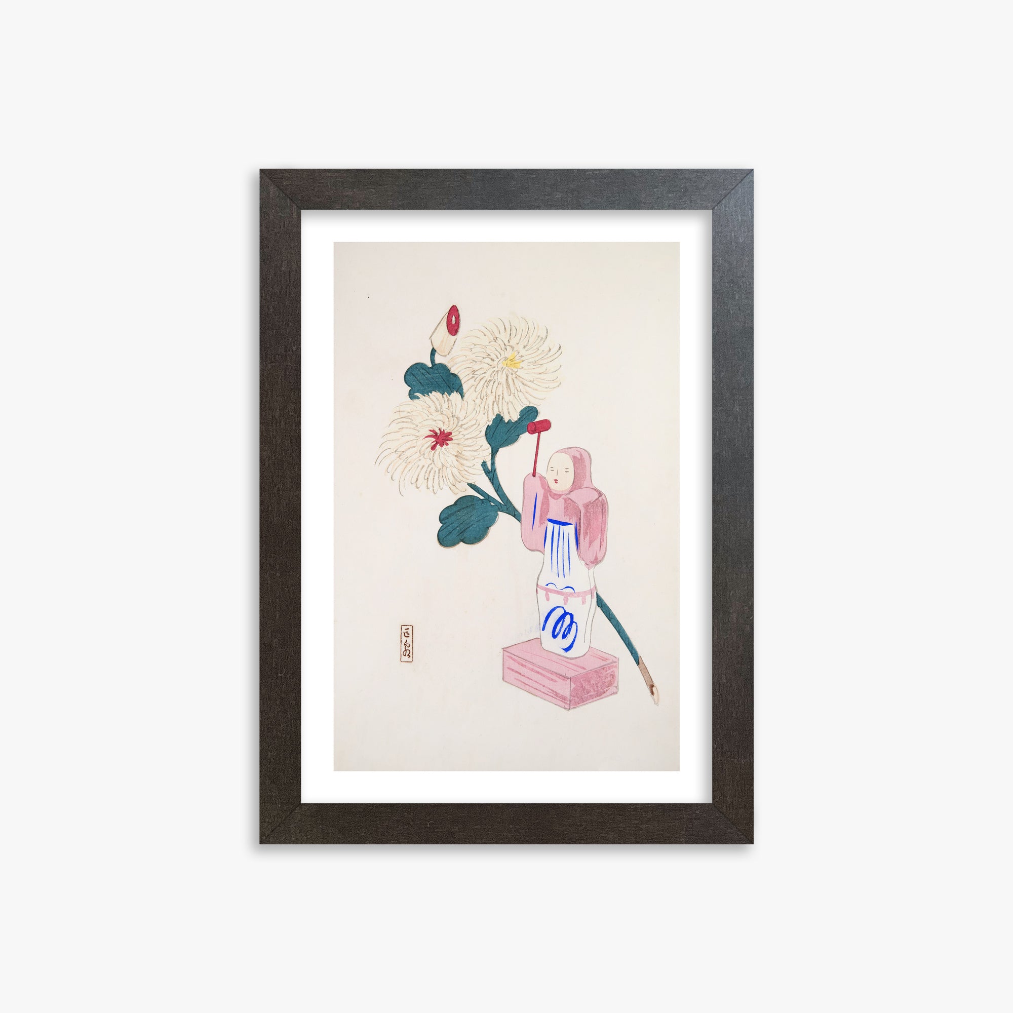Kawasaki Kyosen: Kyosen’s Collected Illustrations of Japanese Toys Nr. 41 ("Serene Chrysanthemum Bloom"), 21x30cm Framed Art Reproduction With Espresso Frame
