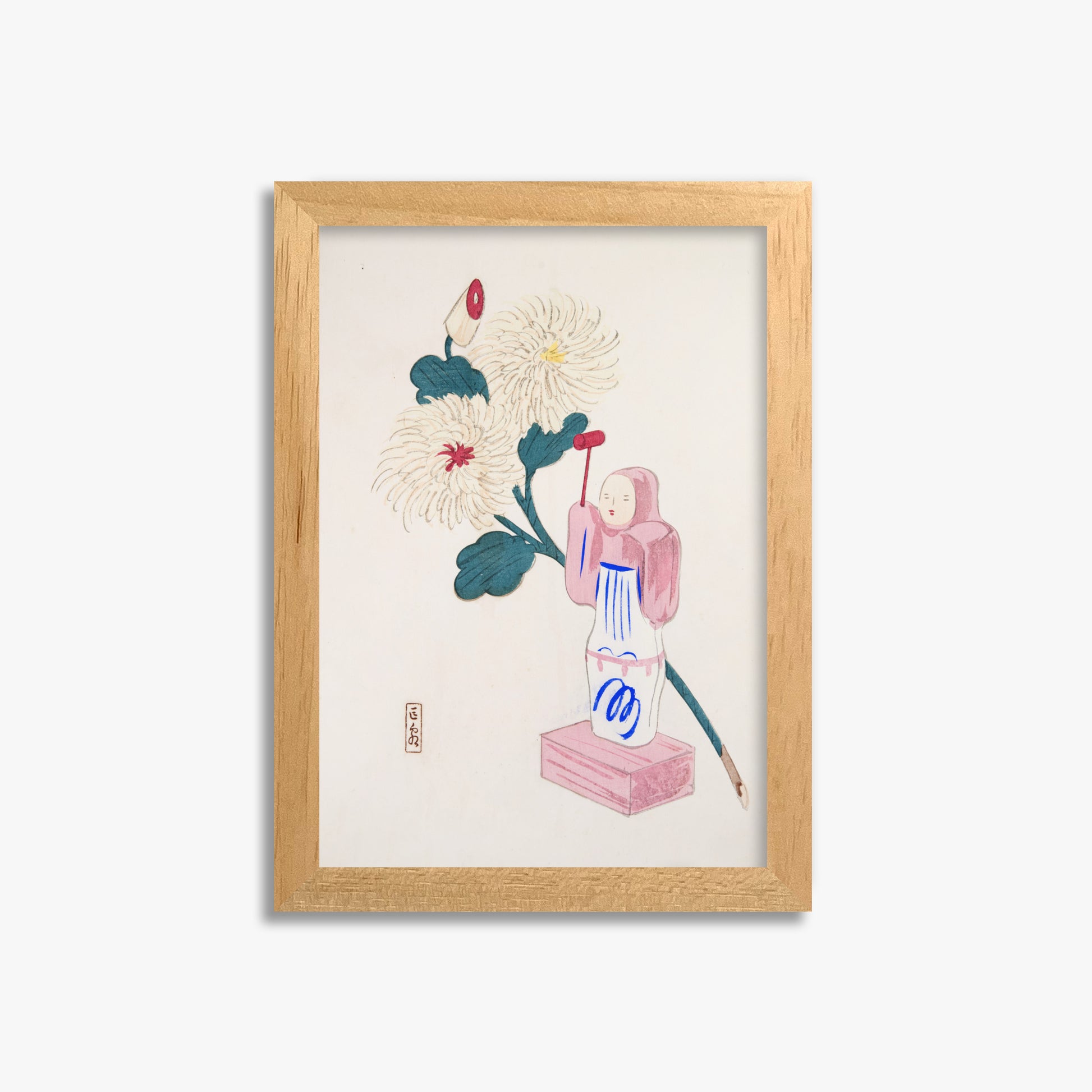Kawasaki Kyosen: Kyosen’s Collected Illustrations of Japanese Toys Nr. 41 ("Serene Chrysanthemum Bloom"), 21x30cm Framed Art Reproduction With Oak Frame