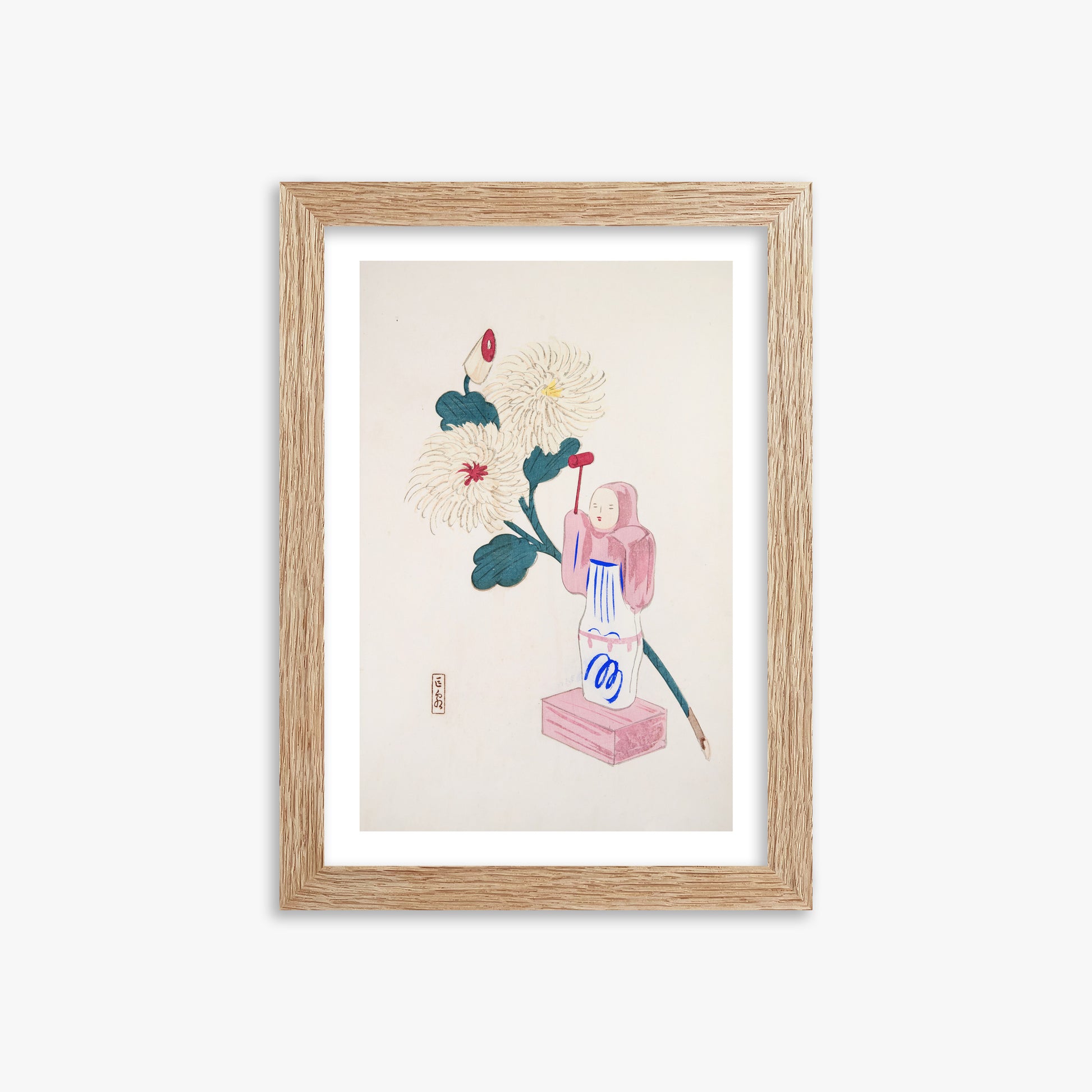 Kawasaki Kyosen: Kyosen’s Collected Illustrations of Japanese Toys Nr. 41 ("Serene Chrysanthemum Bloom"), 21x30cm Framed Art Reproduction With Raw Oak Frame