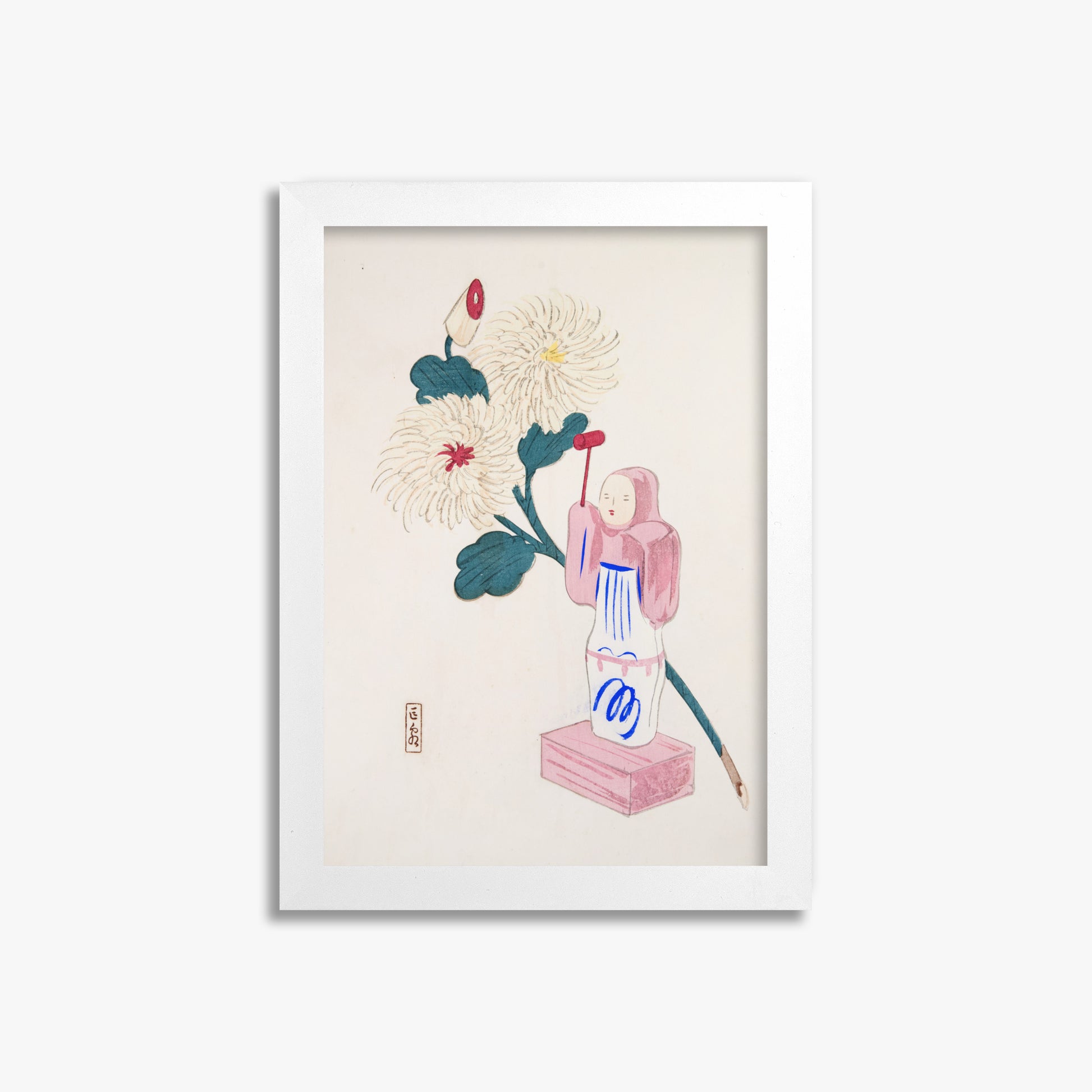 Kawasaki Kyosen: Kyosen’s Collected Illustrations of Japanese Toys Nr. 41 ("Serene Chrysanthemum Bloom"), 21x30cm Framed Art Reproduction With White Frame