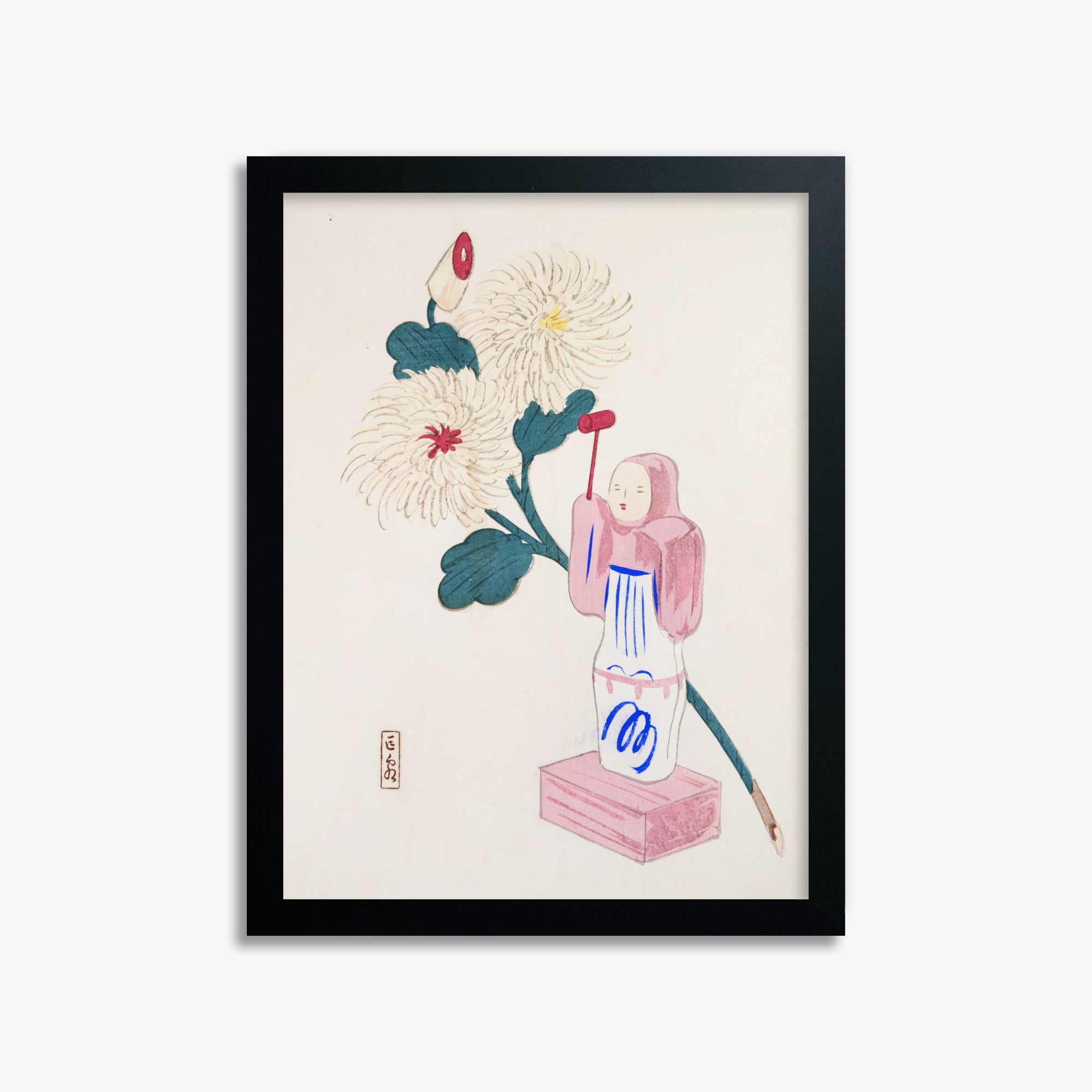 Kawasaki Kyosen: Kyosen’s Collected Illustrations of Japanese Toys Nr. 41 ("Serene Chrysanthemum Bloom"), 30x40cm Framed Art Reproduction With Black Frame