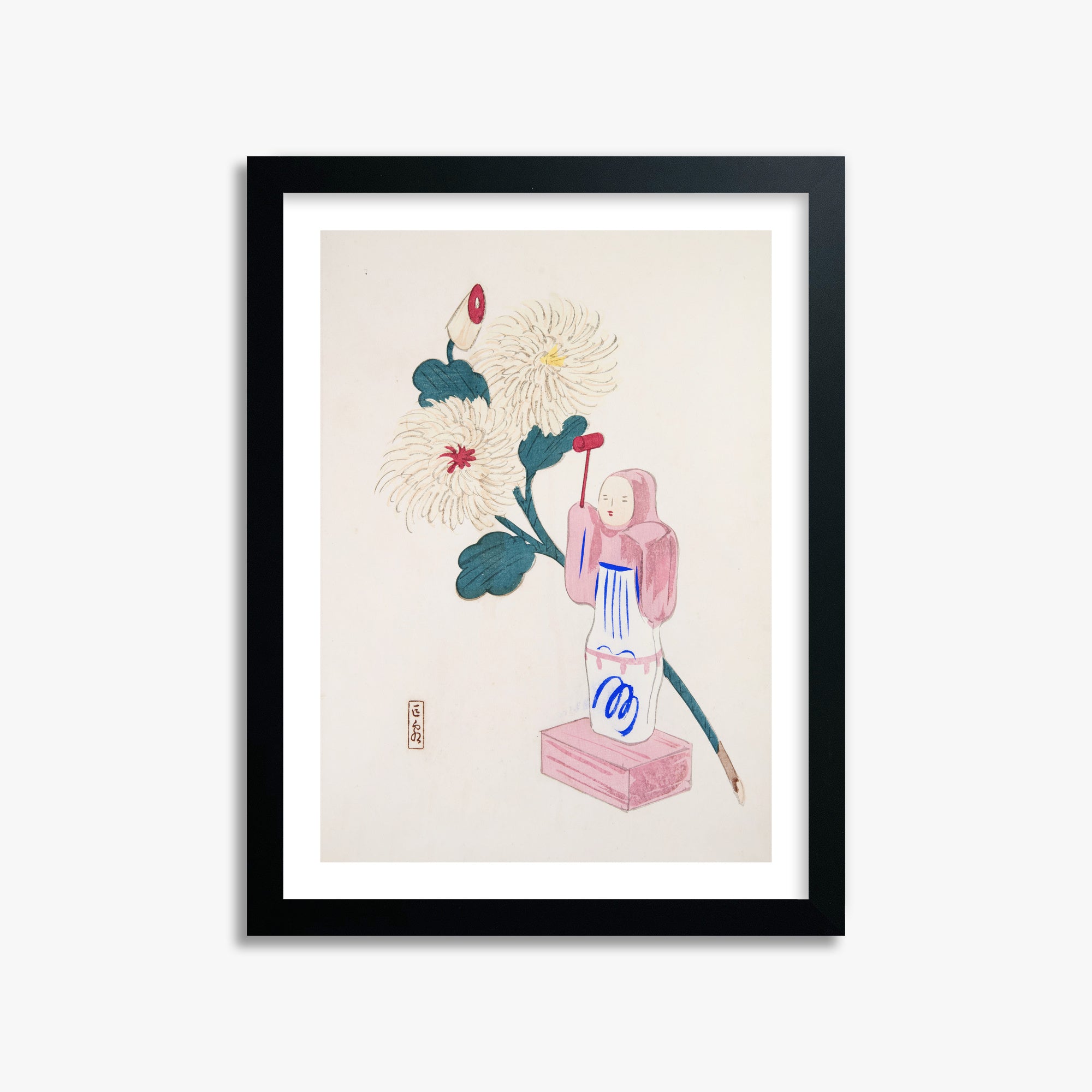 Kawasaki Kyosen: Kyosen’s Collected Illustrations of Japanese Toys Nr. 41 ("Serene Chrysanthemum Bloom"), 30x40cm Framed Art Reproduction With Black Frame