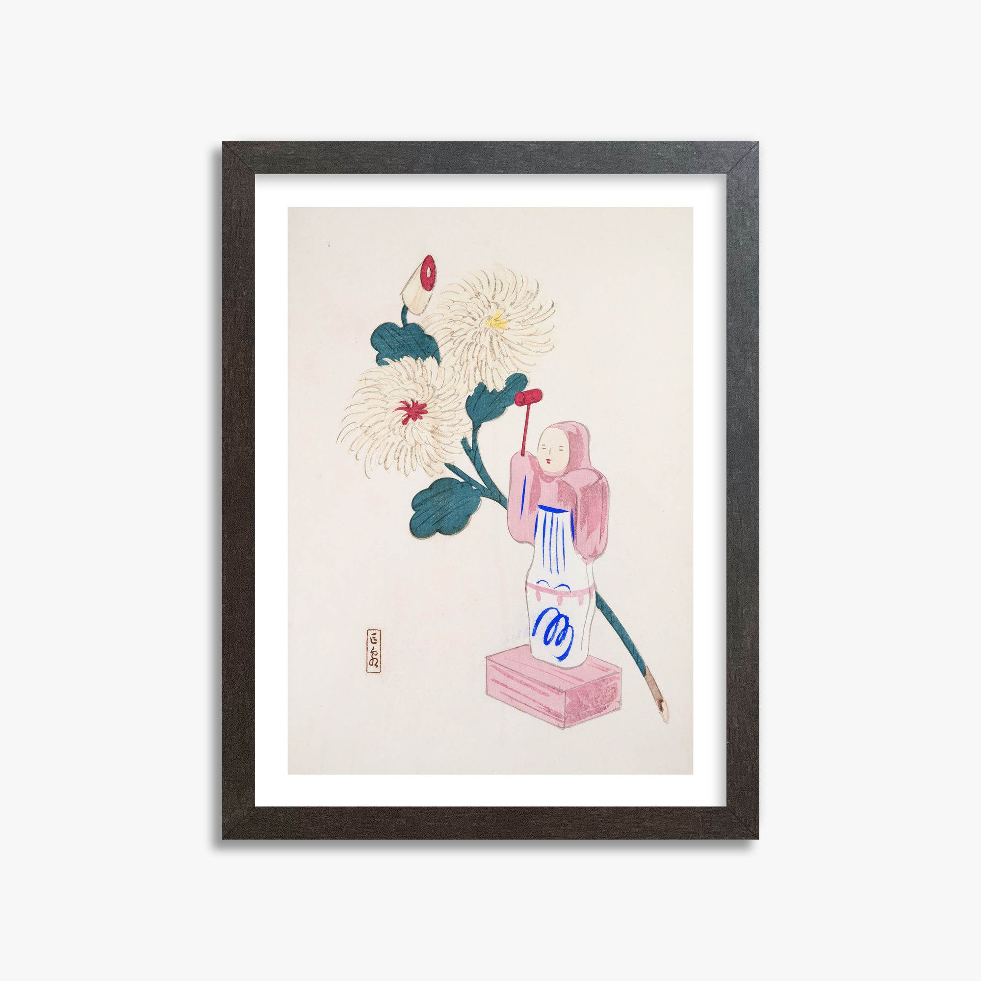 Kawasaki Kyosen: Kyosen’s Collected Illustrations of Japanese Toys Nr. 41 ("Serene Chrysanthemum Bloom"), 30x40cm Framed Art Reproduction With Espresso Frame