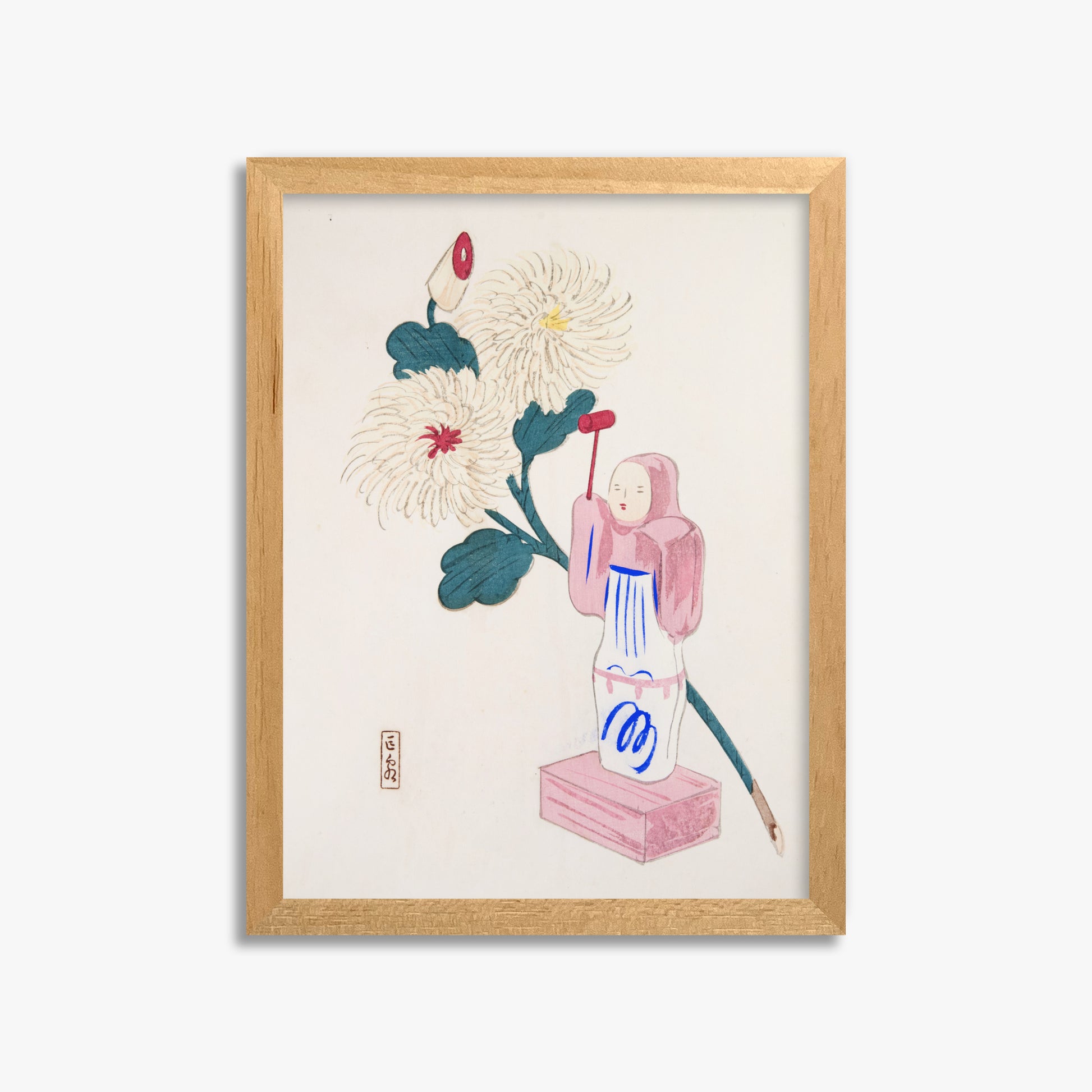 Kawasaki Kyosen: Kyosen’s Collected Illustrations of Japanese Toys Nr. 41 ("Serene Chrysanthemum Bloom"), 30x40cm Framed Art Reproduction With Oak Frame