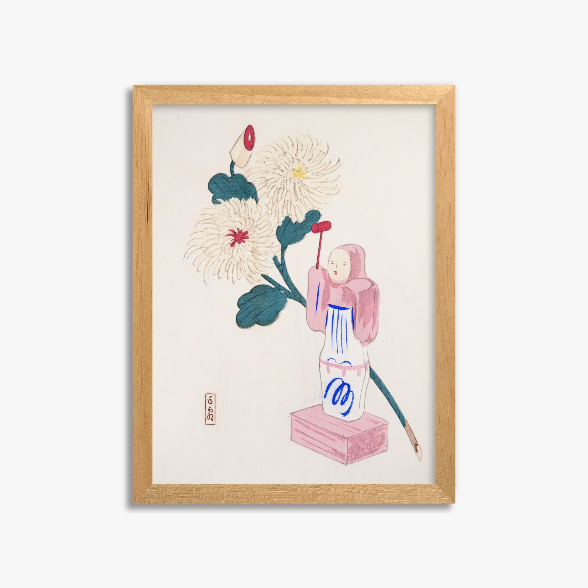 Kawasaki Kyosen: Kyosen’s Collected Illustrations of Japanese Toys Nr. 41 ("Serene Chrysanthemum Bloom"), 30x40cm Framed Art Reproduction With Oak Frame