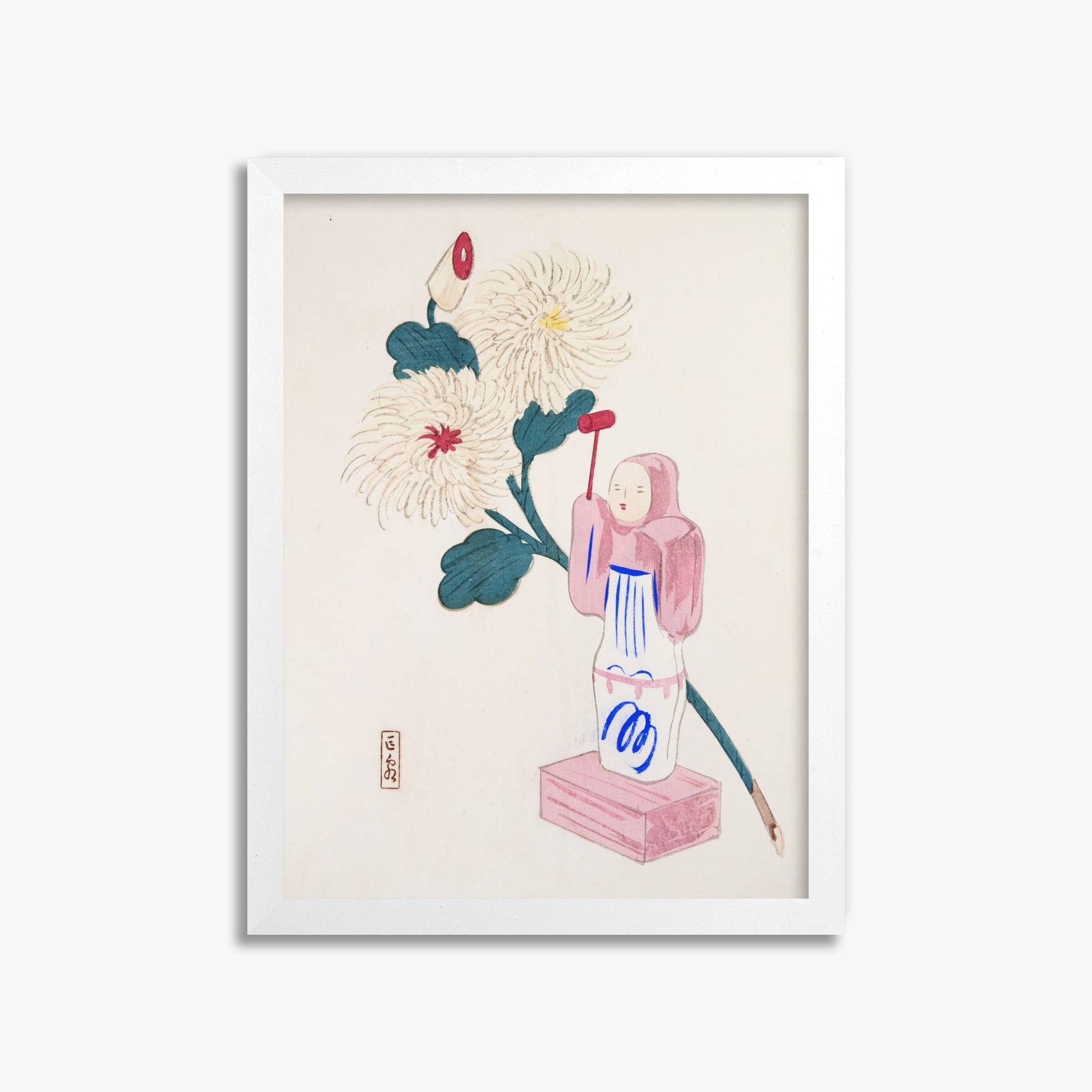 Kawasaki Kyosen: Kyosen’s Collected Illustrations of Japanese Toys Nr. 41 ("Serene Chrysanthemum Bloom"), 30x40cm Framed Art Reproduction With White Frame