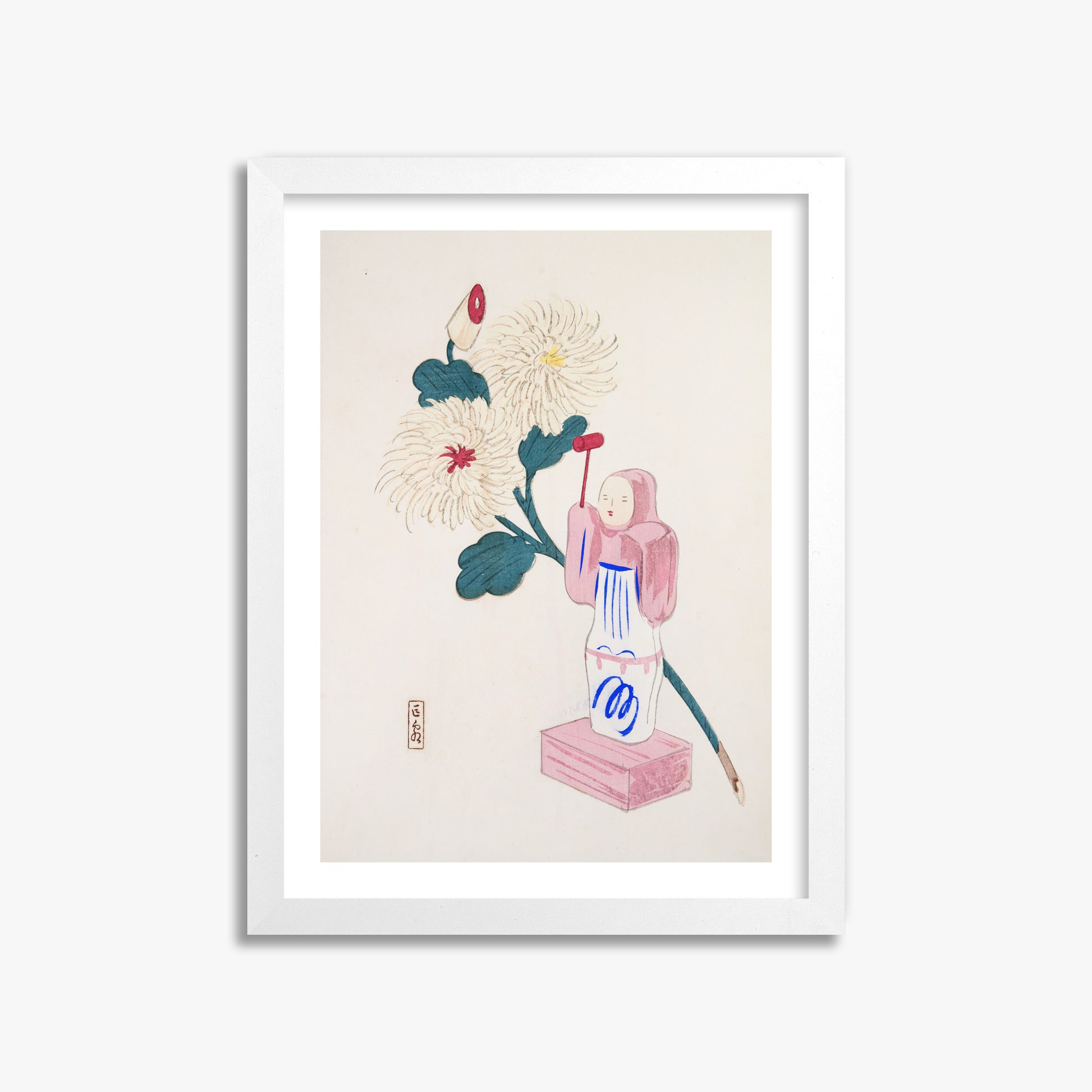 Kawasaki Kyosen: Kyosen’s Collected Illustrations of Japanese Toys Nr. 41 ("Serene Chrysanthemum Bloom"), 30x40cm Framed Art Reproduction With White Frame
