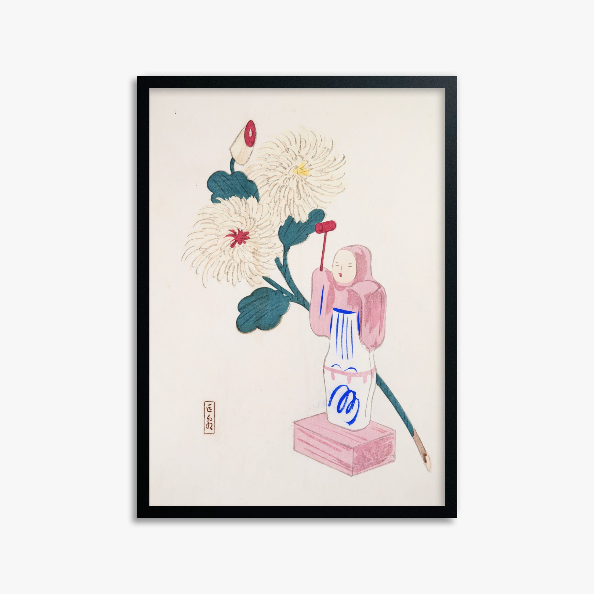 Kawasaki Kyosen: Kyosen’s Collected Illustrations of Japanese Toys Nr. 41 ("Serene Chrysanthemum Bloom"), 50x70cm Framed Art Reproduction With Black Frame
