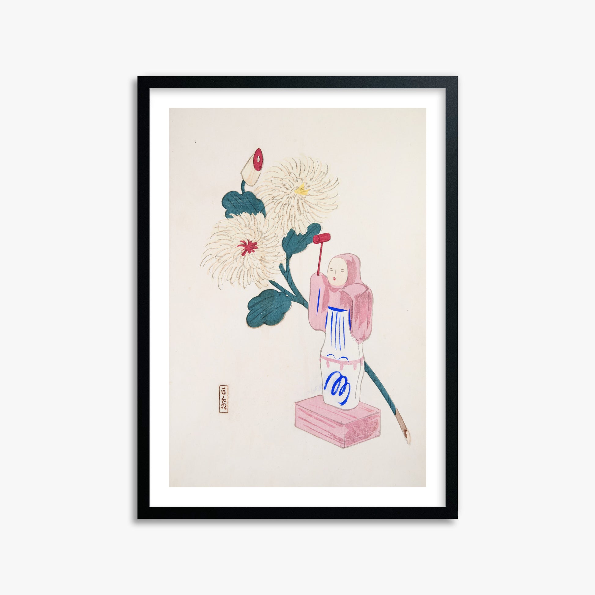Kawasaki Kyosen: Kyosen’s Collected Illustrations of Japanese Toys Nr. 41 ("Serene Chrysanthemum Bloom"), 50x70cm Framed Art Reproduction With Black Frame