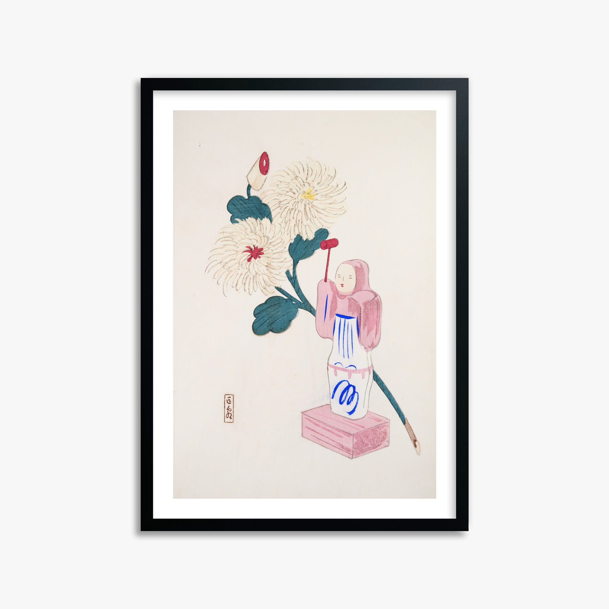 Kawasaki Kyosen: Kyosen’s Collected Illustrations of Japanese Toys Nr. 41 ("Serene Chrysanthemum Bloom"), 50x70cm Framed Art Reproduction With Black Frame