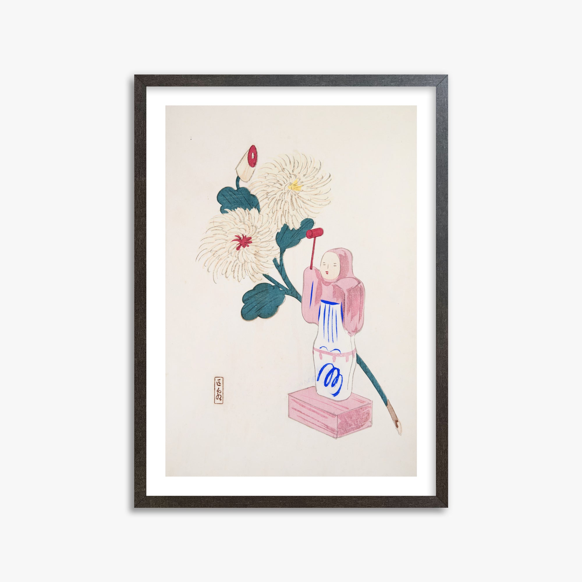 Kawasaki Kyosen: Kyosen’s Collected Illustrations of Japanese Toys Nr. 41 ("Serene Chrysanthemum Bloom"), 50x70cm Framed Art Reproduction With Espresso Frame