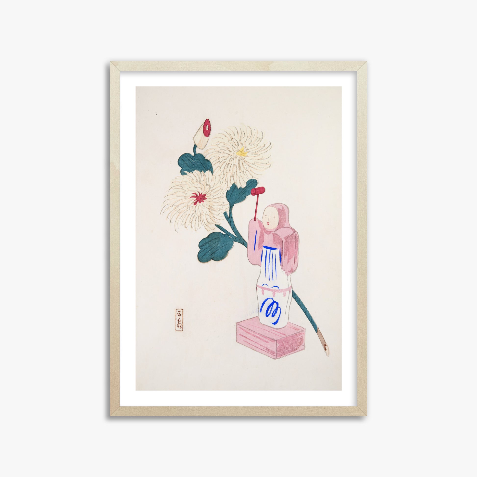 Kawasaki Kyosen: Kyosen’s Collected Illustrations of Japanese Toys Nr. 41 ("Serene Chrysanthemum Bloom"), 50x70cm Framed Art Reproduction With Lime Wood Frame