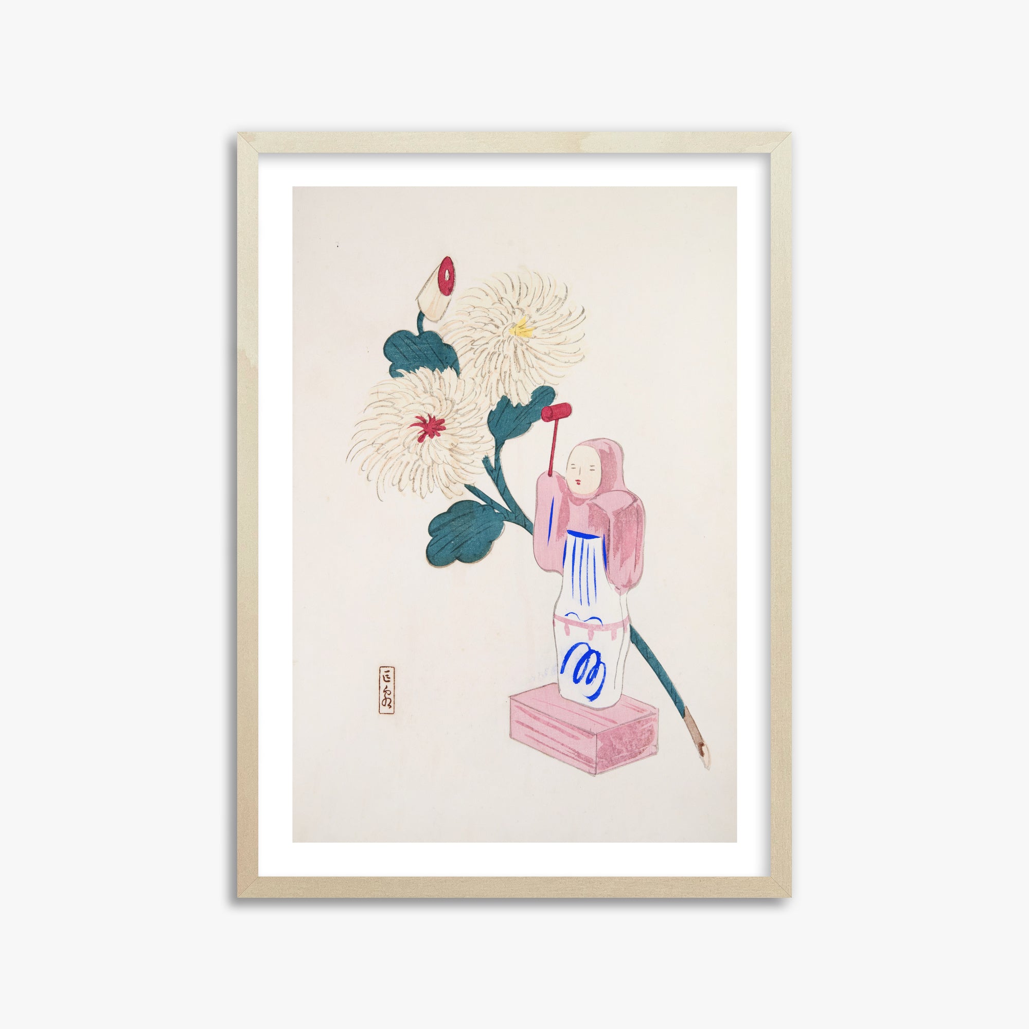Kawasaki Kyosen: Kyosen’s Collected Illustrations of Japanese Toys Nr. 41 ("Serene Chrysanthemum Bloom"), 50x70cm Framed Art Reproduction With Lime Wood Frame