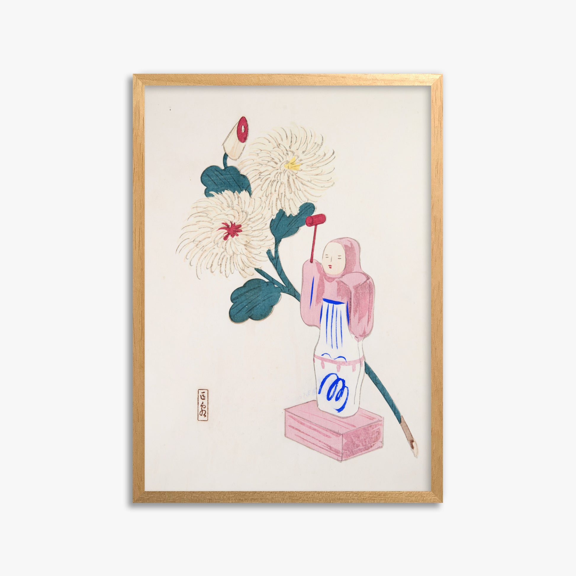 Kawasaki Kyosen: Kyosen’s Collected Illustrations of Japanese Toys Nr. 41 ("Serene Chrysanthemum Bloom"), 50x70cm Framed Art Reproduction With Oak Frame