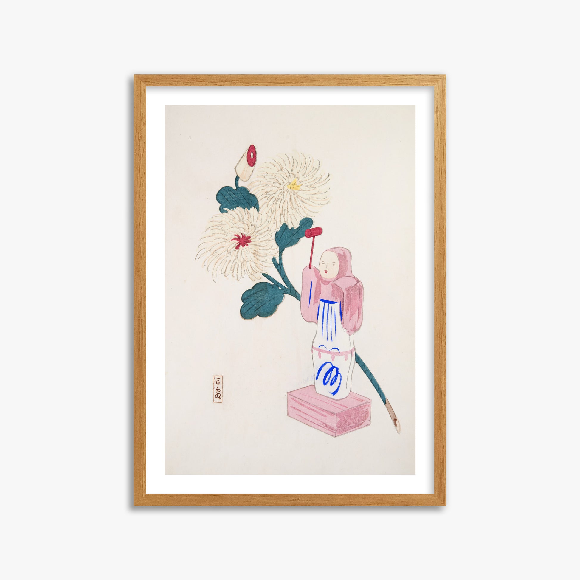 Kawasaki Kyosen: Kyosen’s Collected Illustrations of Japanese Toys Nr. 41 ("Serene Chrysanthemum Bloom"), 50x70cm Framed Art Reproduction With Oak Frame