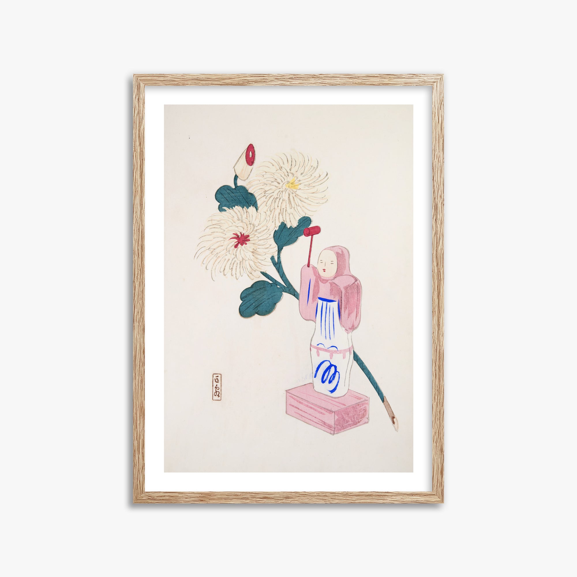 Kawasaki Kyosen: Kyosen’s Collected Illustrations of Japanese Toys Nr. 41 ("Serene Chrysanthemum Bloom"), 50x70cm Framed Art Reproduction With Raw Oak Frame