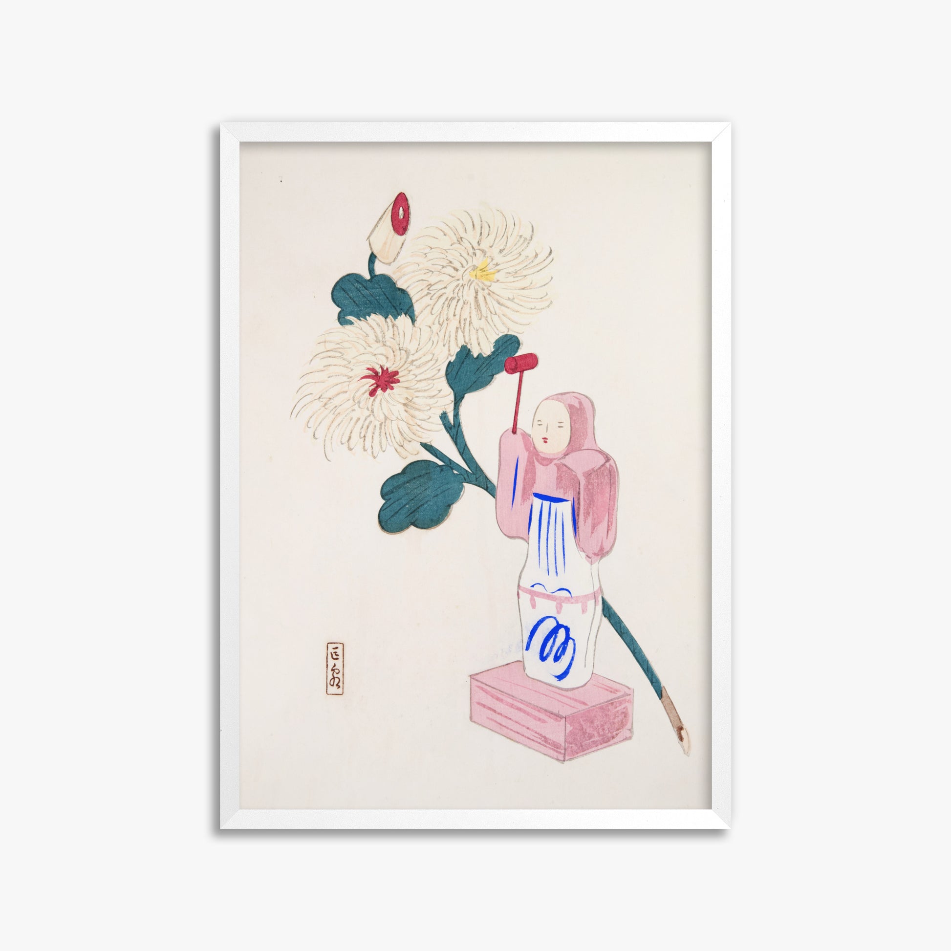 Kawasaki Kyosen: Kyosen’s Collected Illustrations of Japanese Toys Nr. 41 ("Serene Chrysanthemum Bloom"), 50x70cm Framed Art Reproduction With White Frame