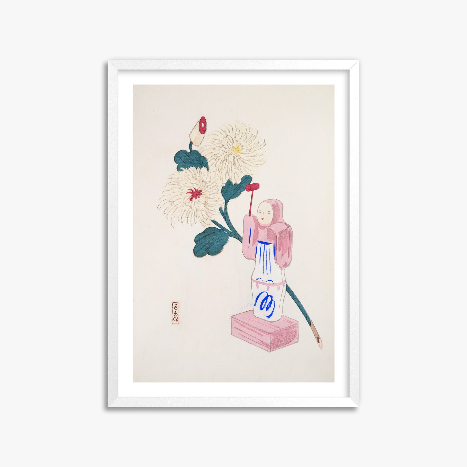 Kawasaki Kyosen: Kyosen’s Collected Illustrations of Japanese Toys Nr. 41 ("Serene Chrysanthemum Bloom"), 50x70cm Framed Art Reproduction With White Frame