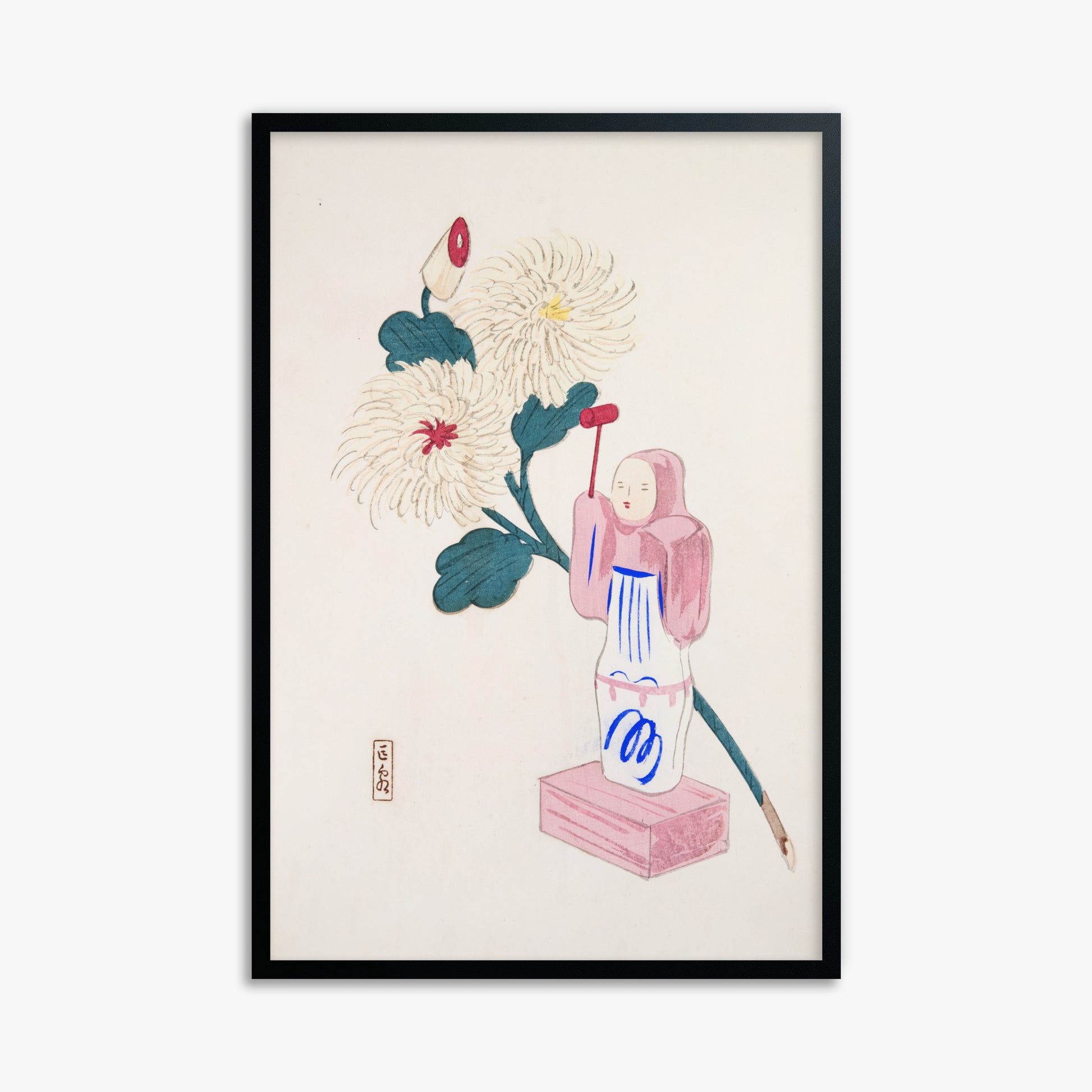 Kawasaki Kyosen: Kyosen’s Collected Illustrations of Japanese Toys Nr. 41 ("Serene Chrysanthemum Bloom"), 61x91cm Framed Art Reproduction With Black Frame