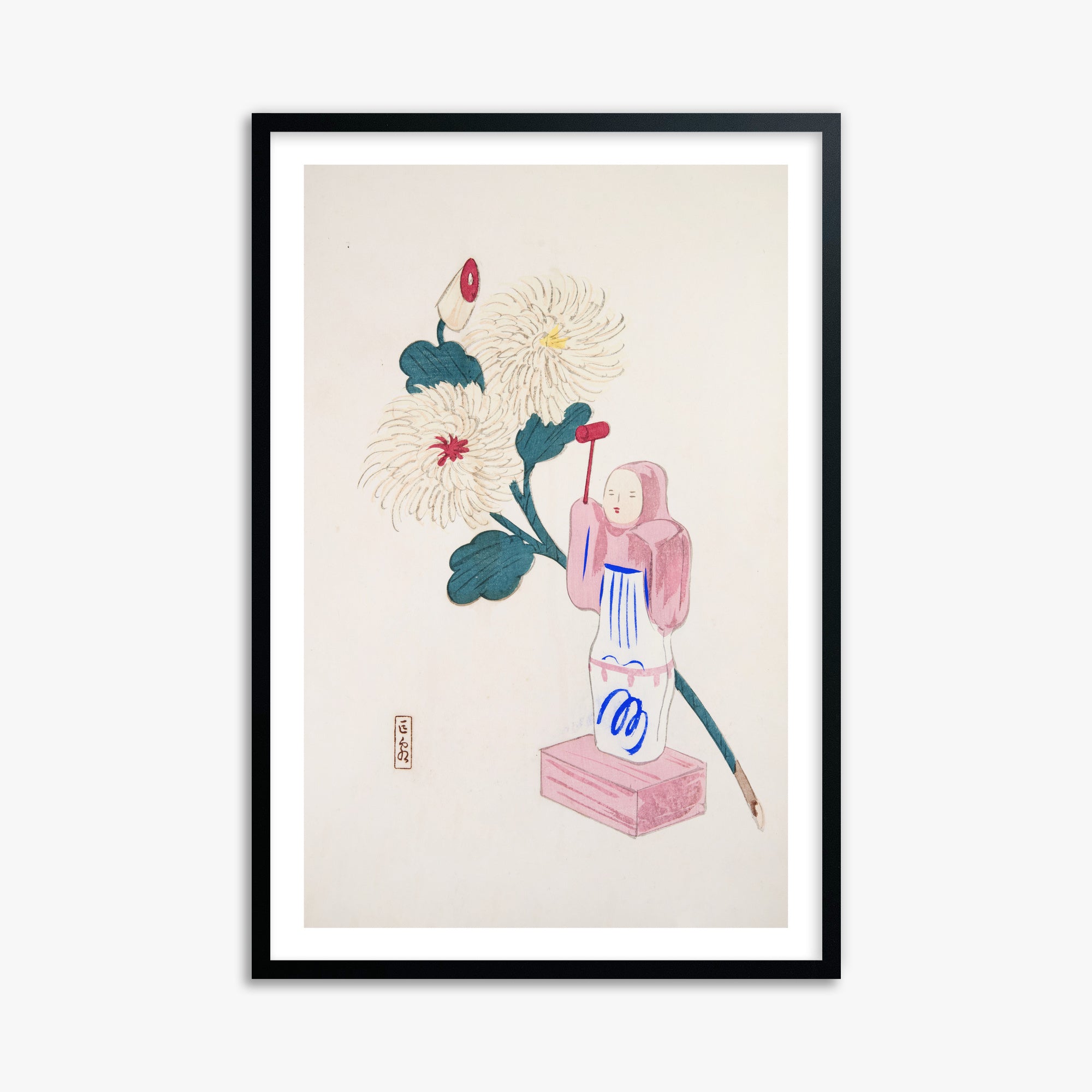 Kawasaki Kyosen: Kyosen’s Collected Illustrations of Japanese Toys Nr. 41 ("Serene Chrysanthemum Bloom"), 61x91cm Framed Art Reproduction With Black Frame